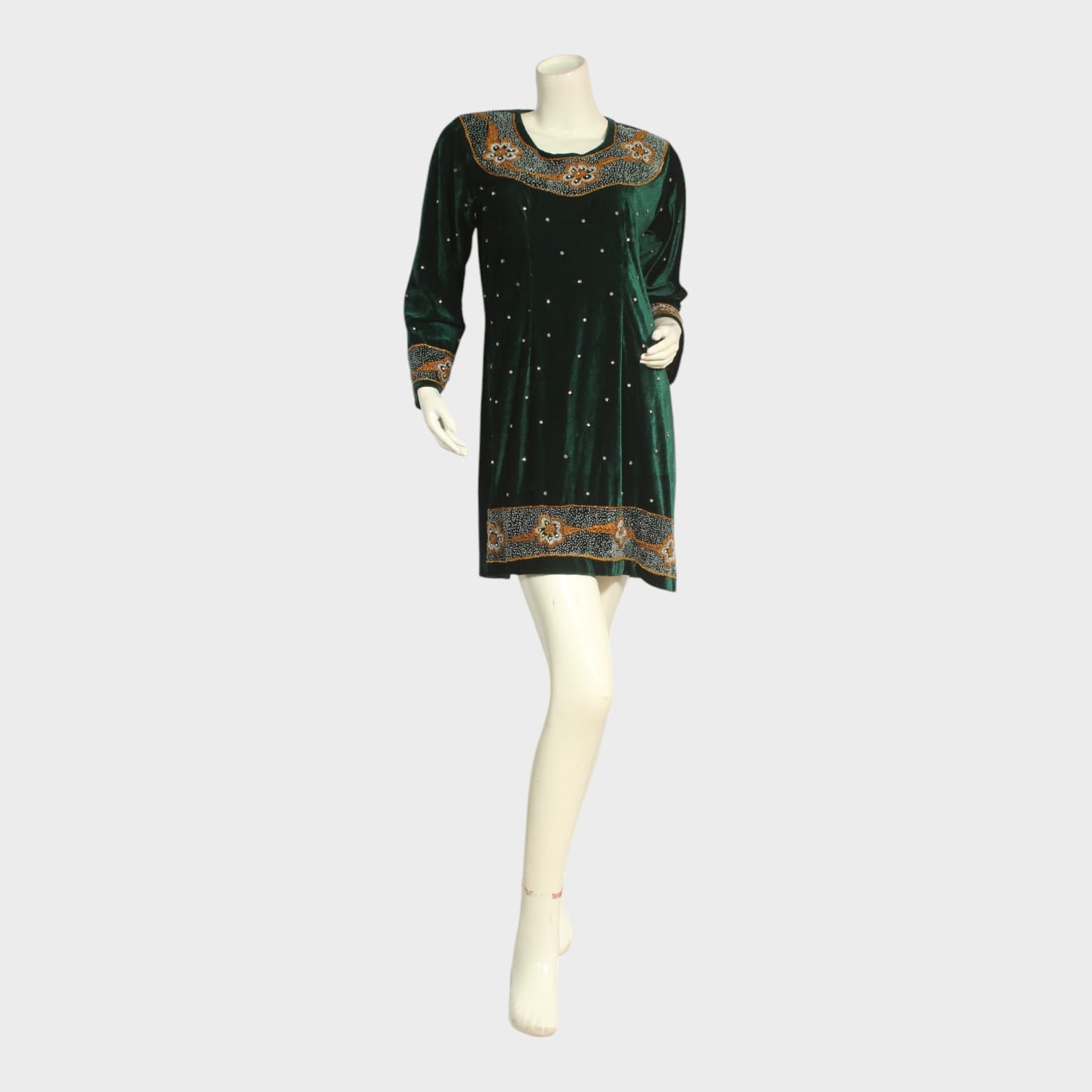 Emerald Green Velvet Embroidered Mini Dress | Aseel