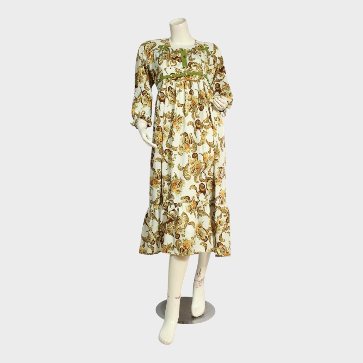 Cream & Olive Paisley Print Long Dress