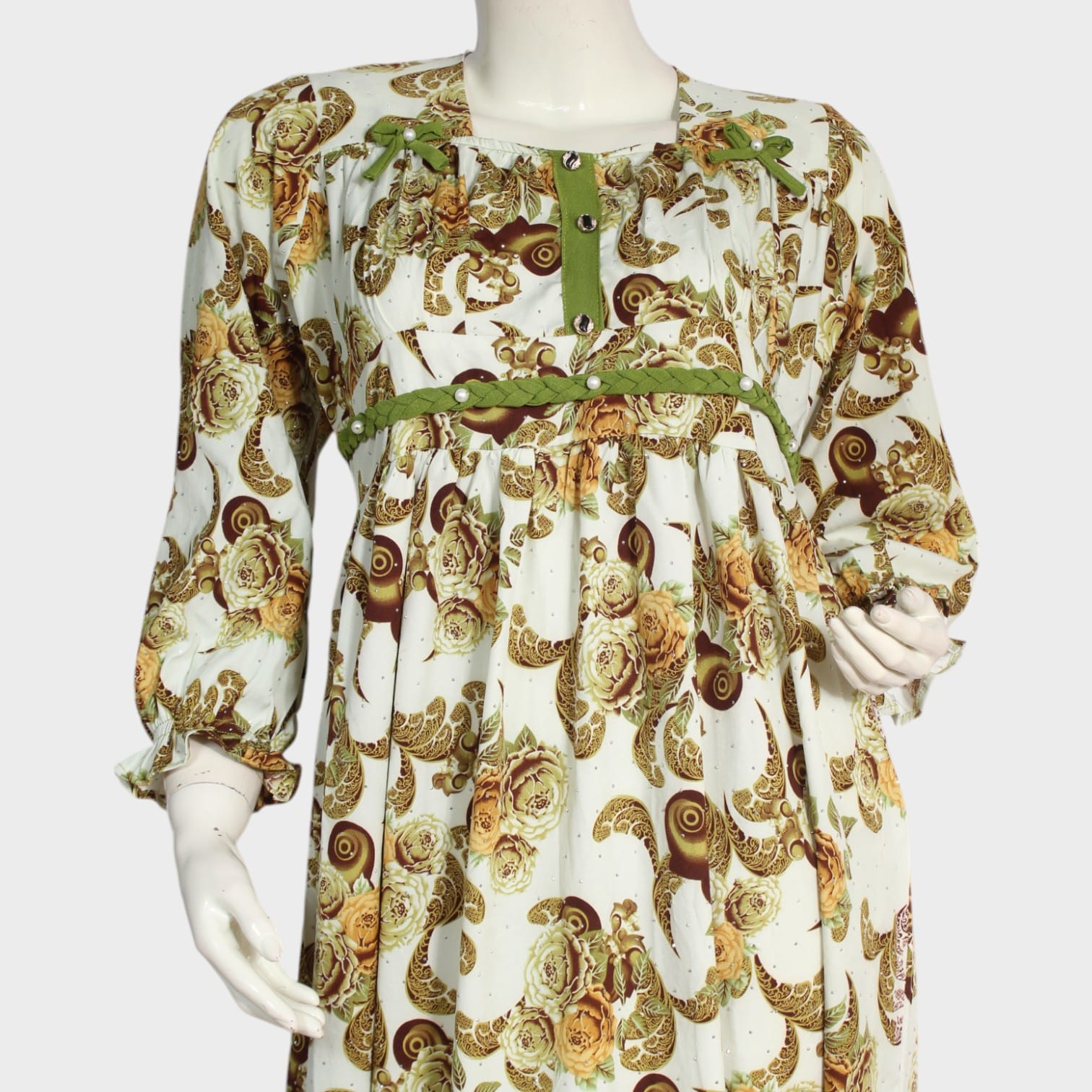 Cream & Olive Paisley Print Long Dress