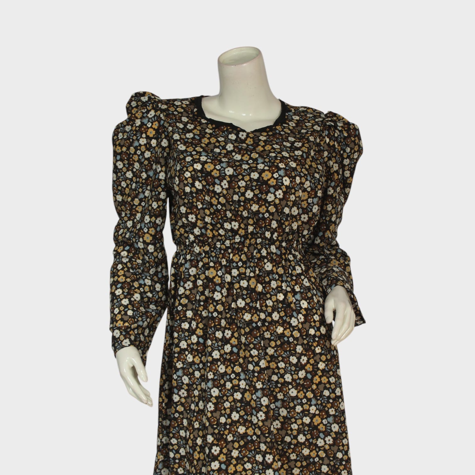 Vintage Floral Puff-Sleeve Midi Dress