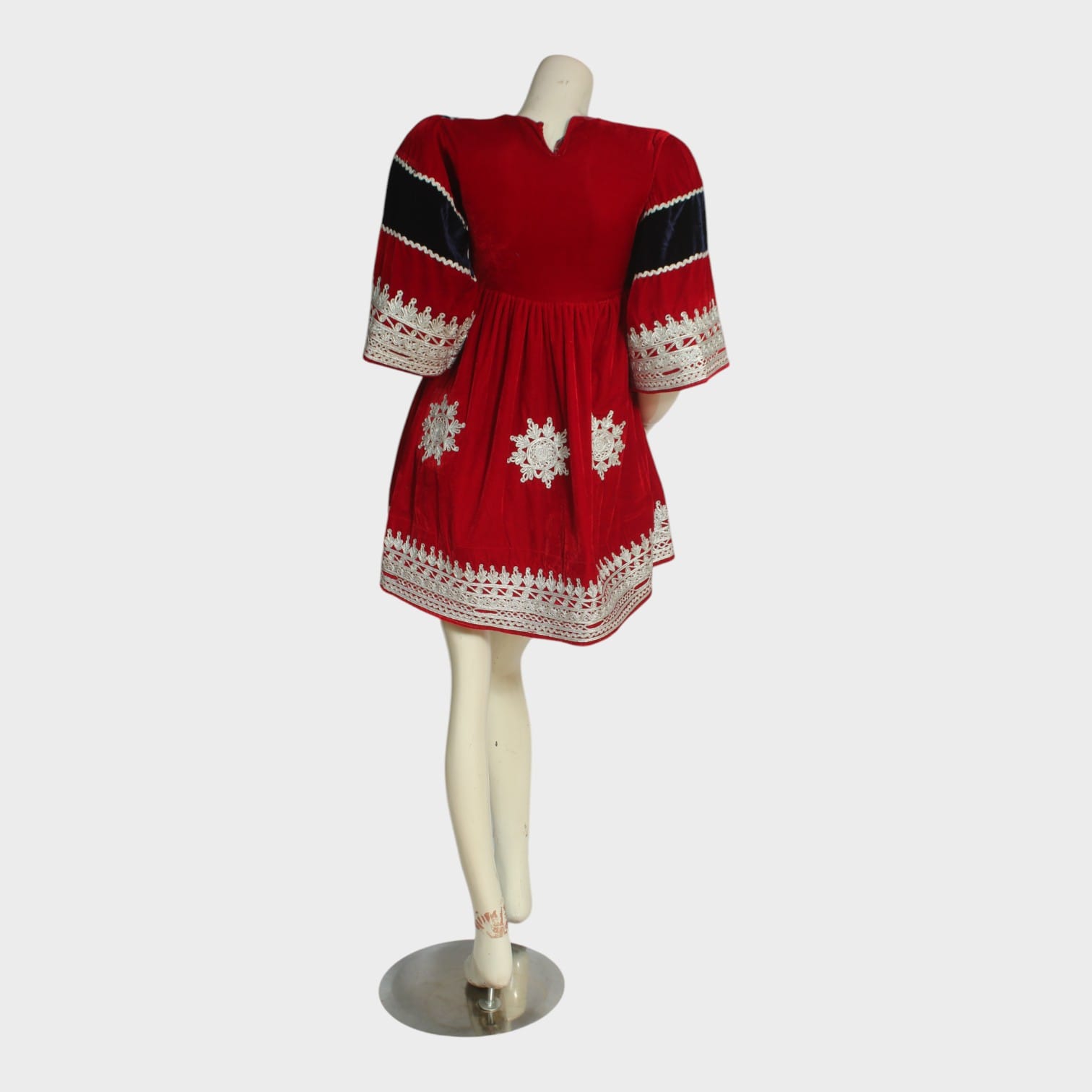 Afghani Velvet Dress in Red with White Embroidery 