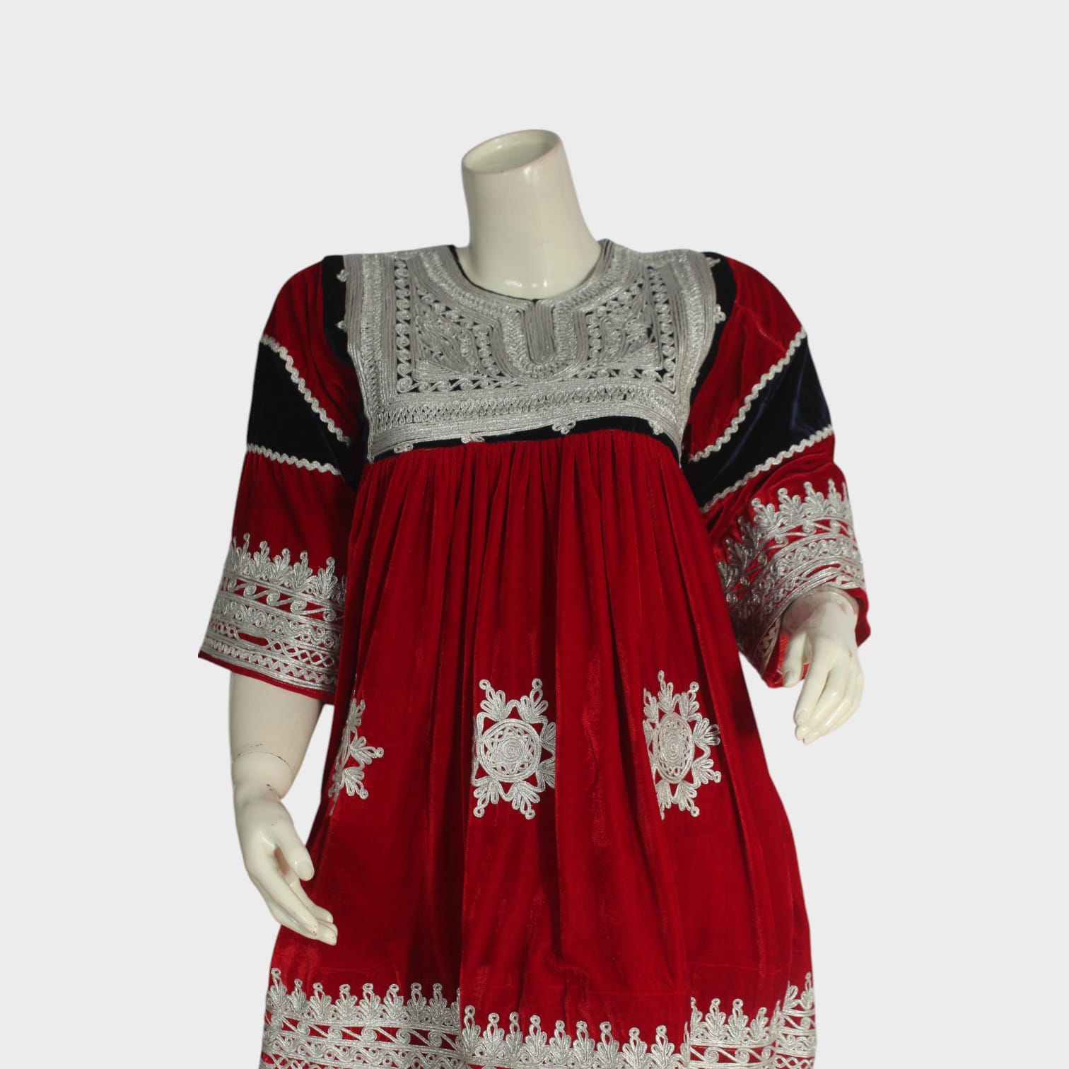 Afghani Velvet Dress in Red with White Embroidery 