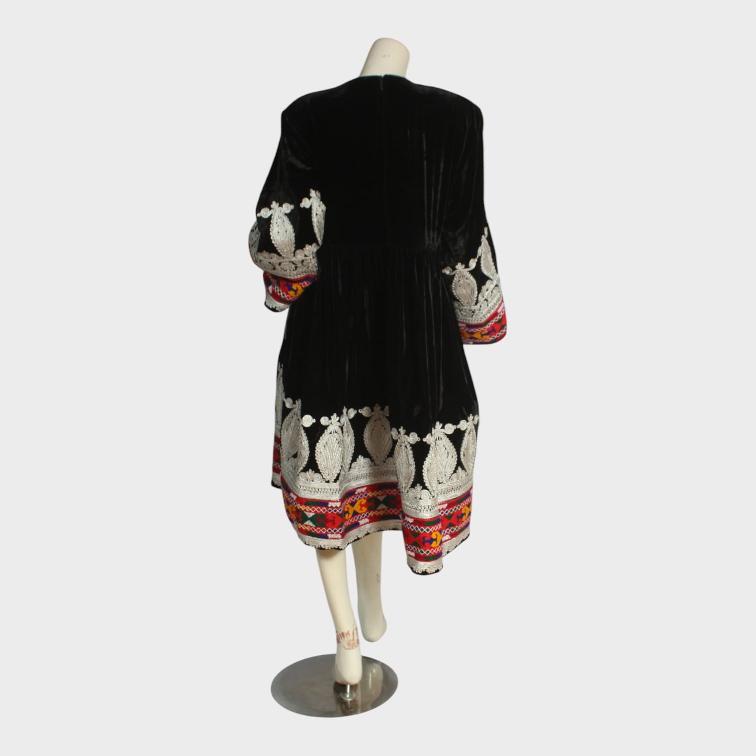 Traditional Black Afghani Velvet Dress with Multicolor & White Embroidery