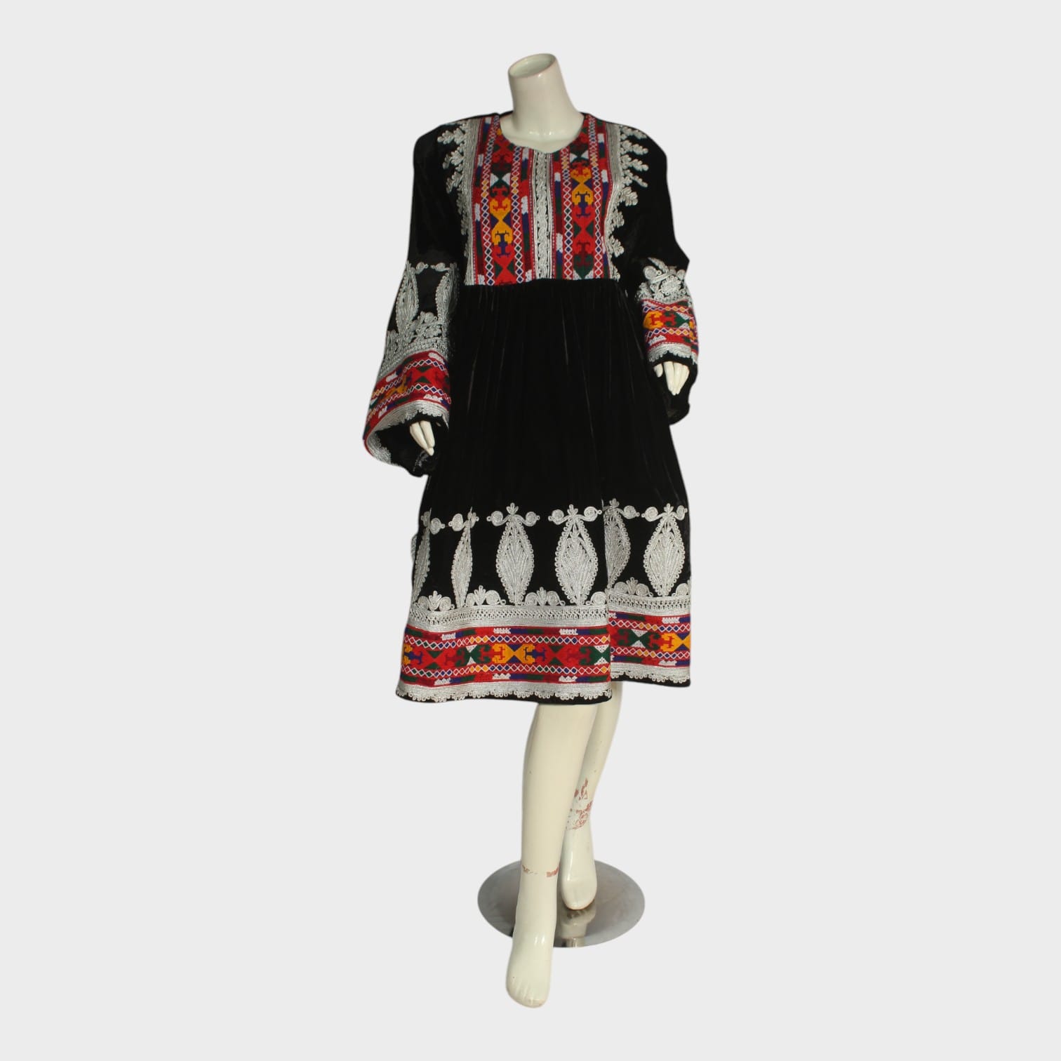 Traditional Black Afghani Velvet Dress with Multicolor & White Embroidery