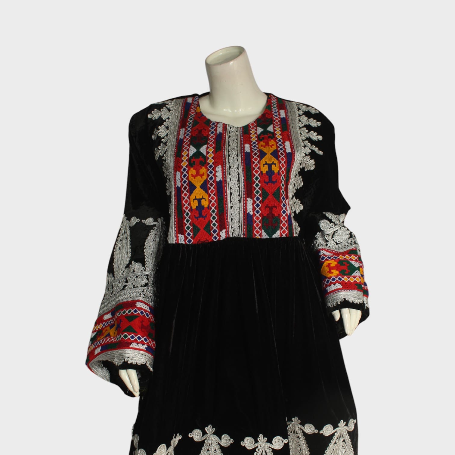 Traditional Black Afghani Velvet Dress with Multicolor & White Embroidery