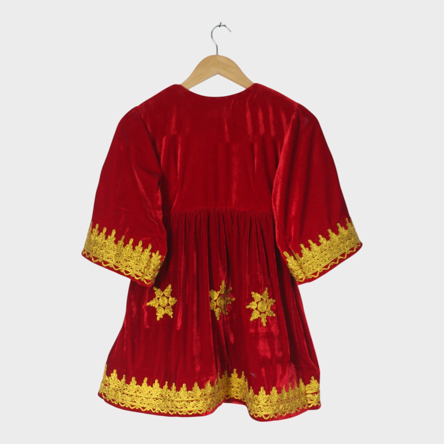 Red Afghani Velvet Dress with Golden Embroidery – Kids Traditional Wear