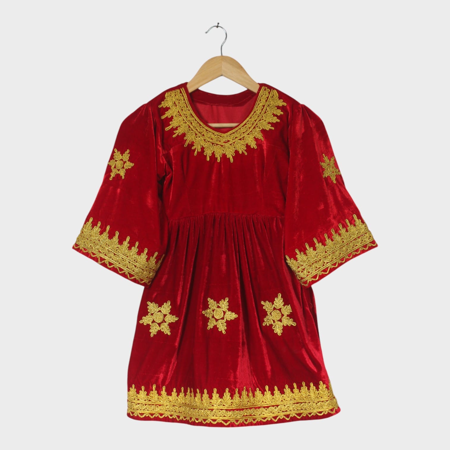 Red Afghani Velvet Dress with Golden Embroidery – Kids Traditional Wear