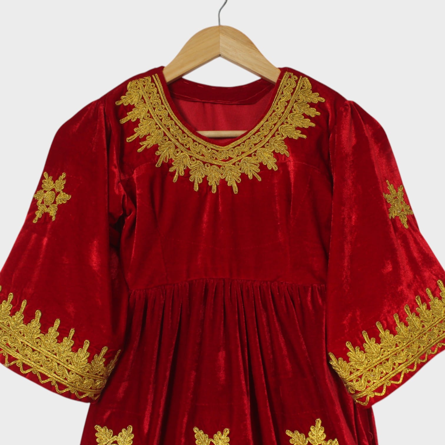 Red Afghani Velvet Dress with Golden Embroidery – Kids Traditional Wear