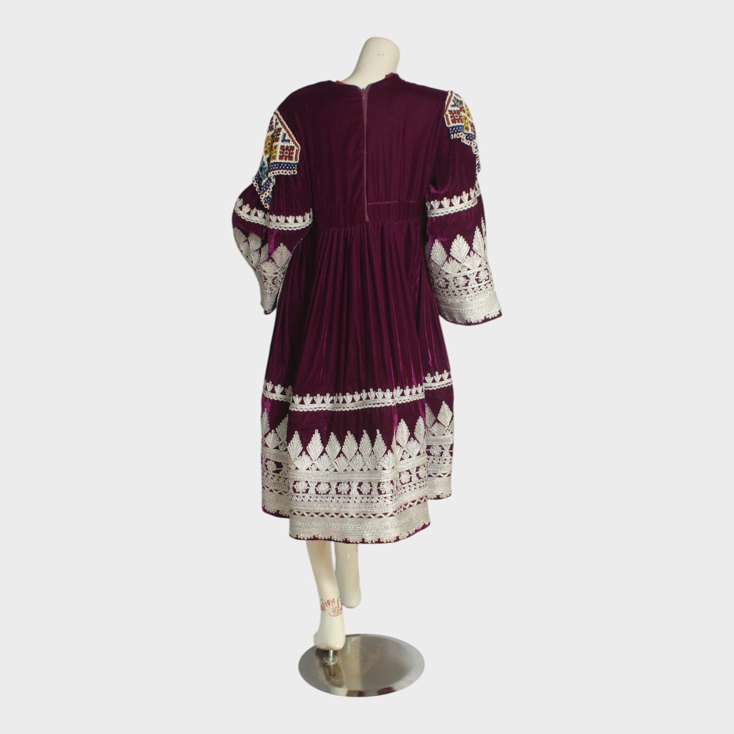 Purple Traditional Afghani Velvet Dress with White and Multicolor Embroidery