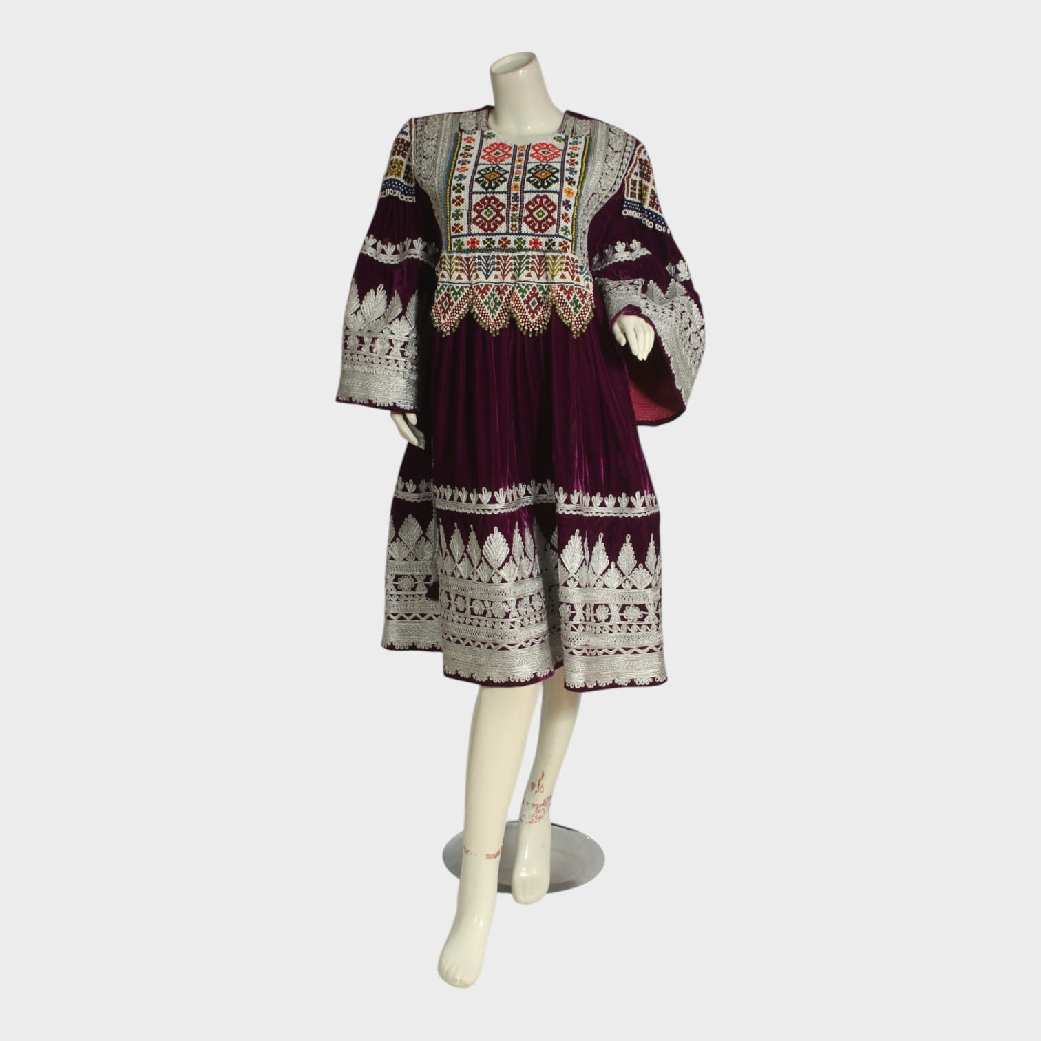 Purple Traditional Afghani Velvet Dress with White and Multicolor Embroidery