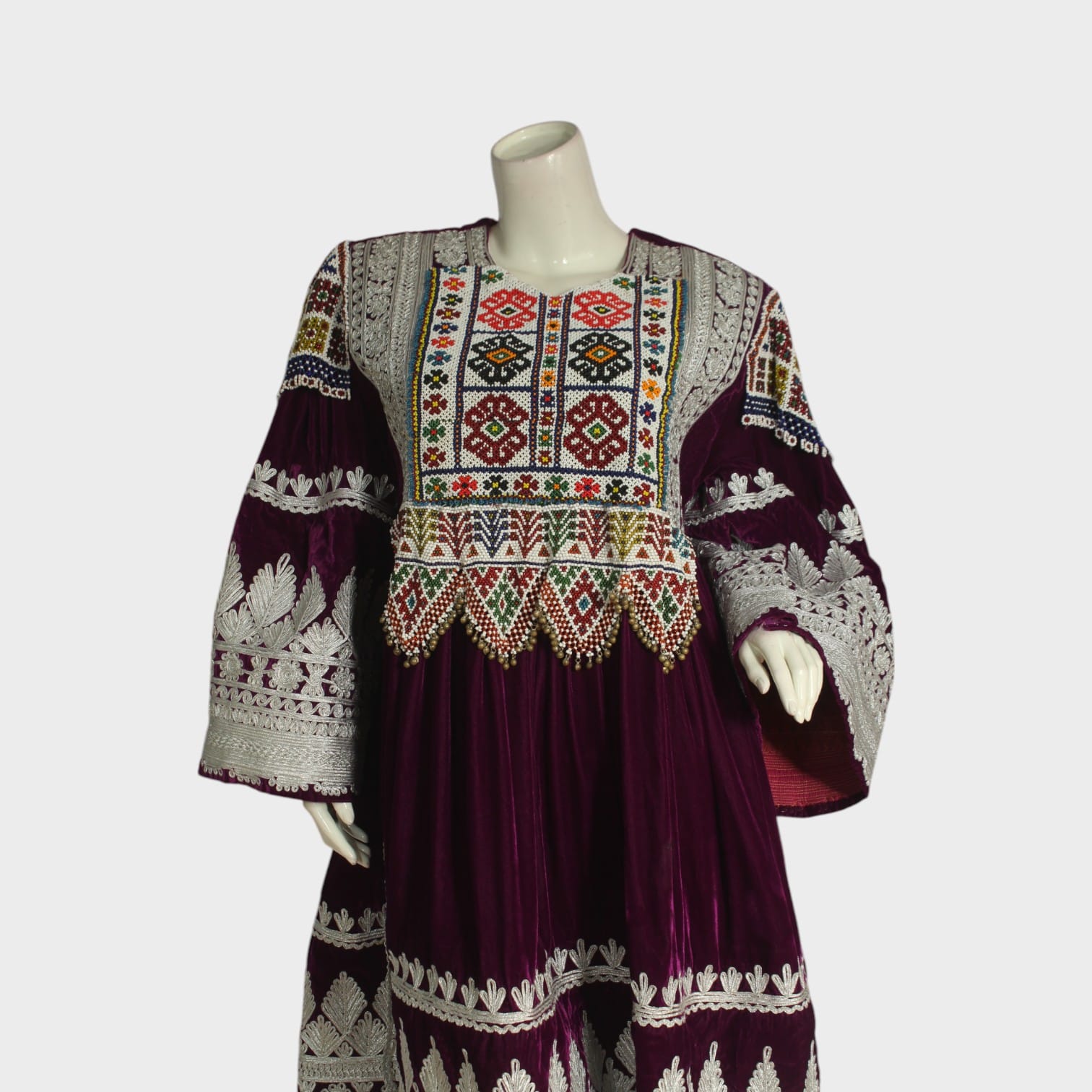 Purple Traditional Afghani Velvet Dress with White and Multicolor Embroidery