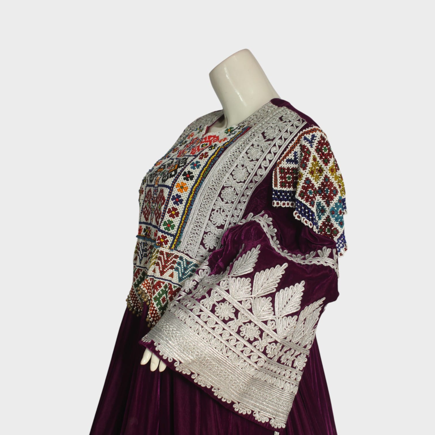 Purple Traditional Afghani Velvet Dress with White and Multicolor Embroidery