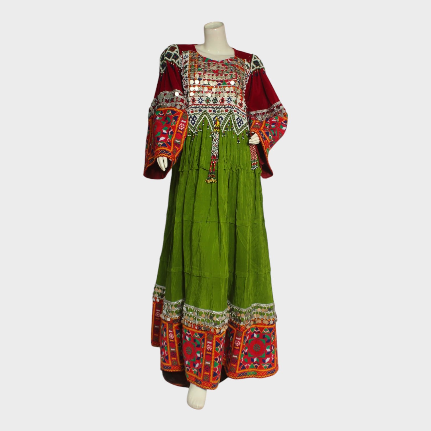 Afghani Nomadic Kuchi Dress – Hand-Embroidered Traditional Green and Red Dress