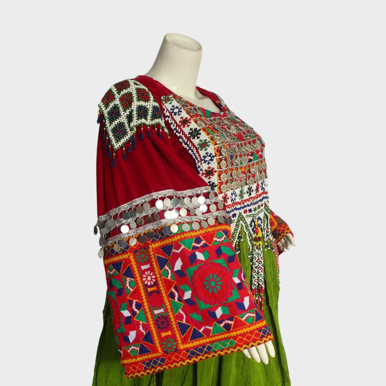 Afghani Nomadic Kuchi Dress – Hand-Embroidered Traditional Green and Red Dress