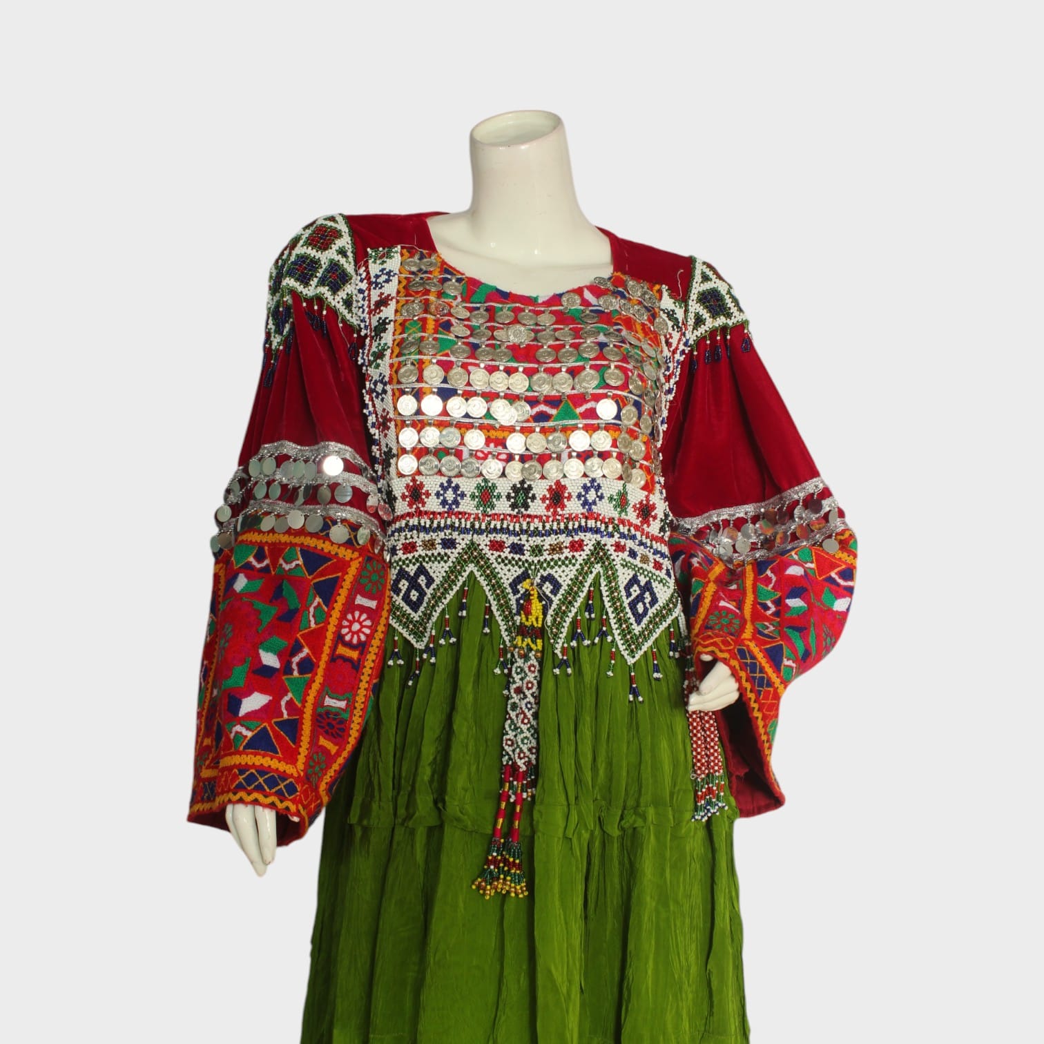 Afghani Nomadic Kuchi Dress – Hand-Embroidered Traditional Green and Red Dress