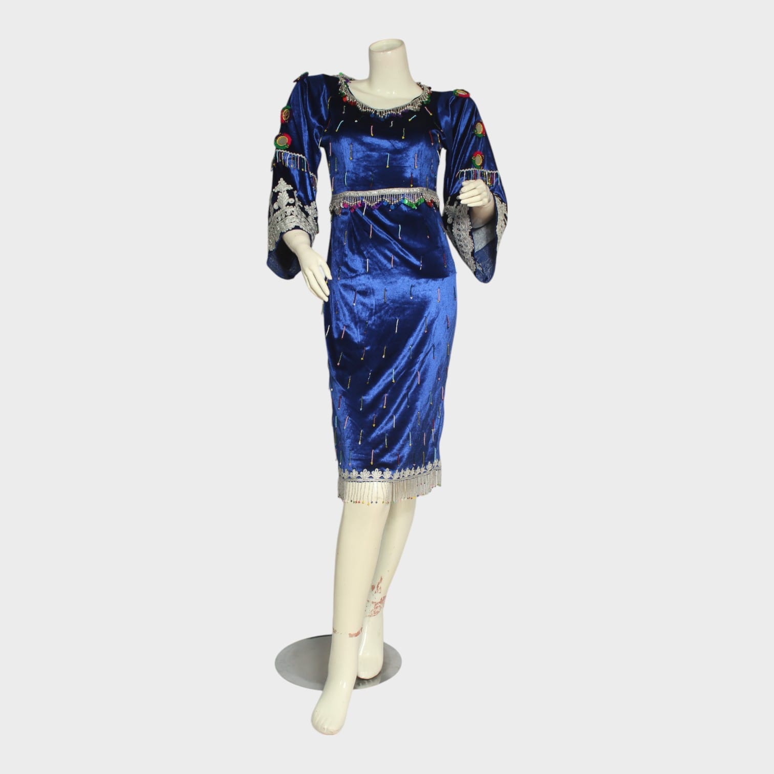 Royal Blue Fitted Afghani Velvet Dress with Embroidered Sleeves