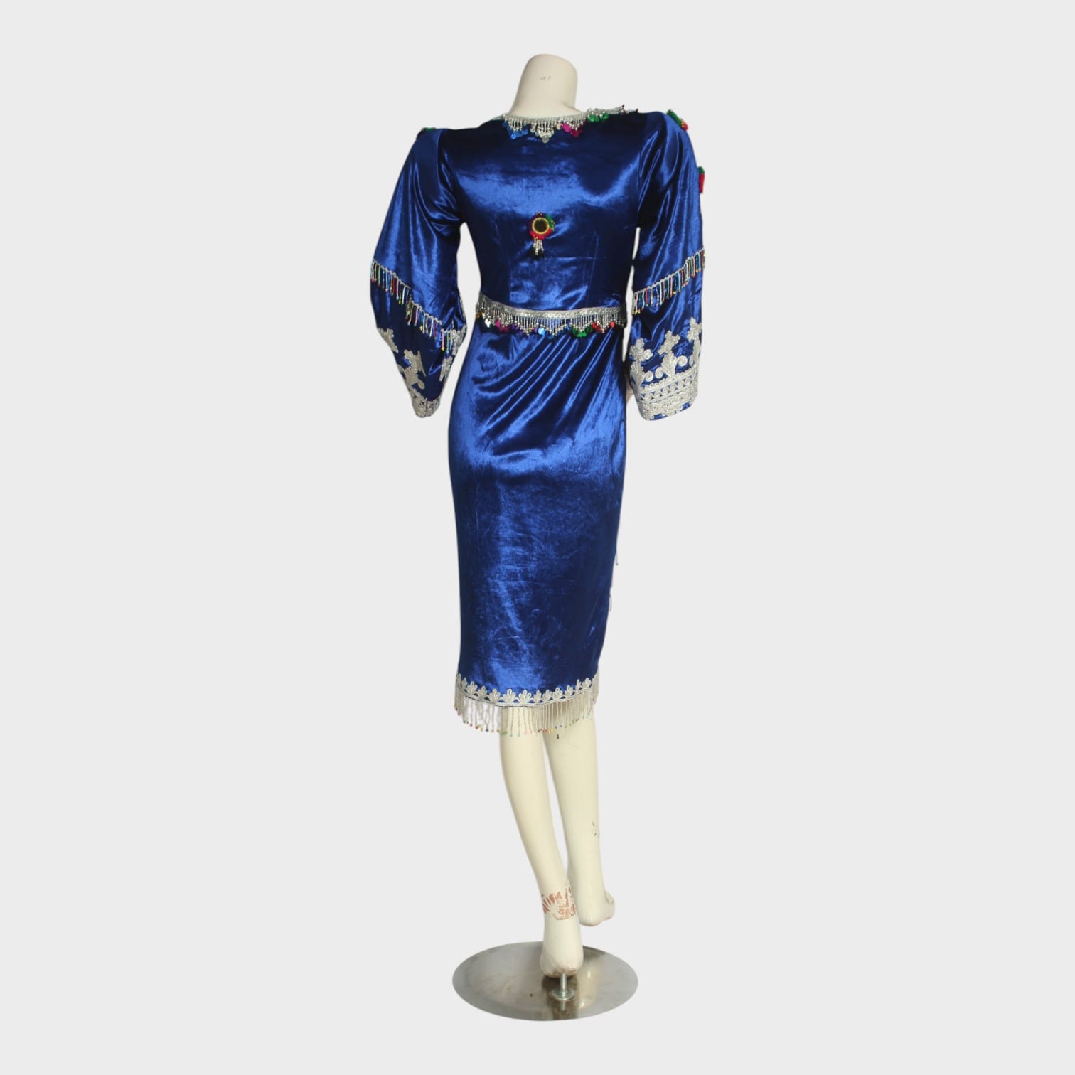 Royal Blue Fitted Afghani Velvet Dress with Embroidered Sleeves