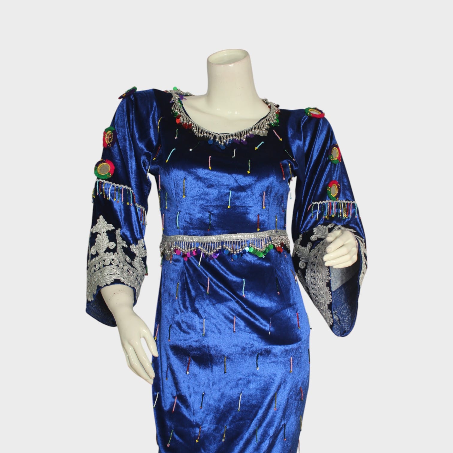 Royal Blue Fitted Afghani Velvet Dress with Embroidered Sleeves