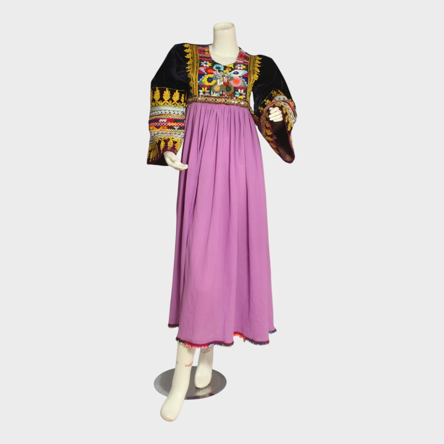 Lavender Traditional Afghani Dress with Embroidered Velvet Bodice