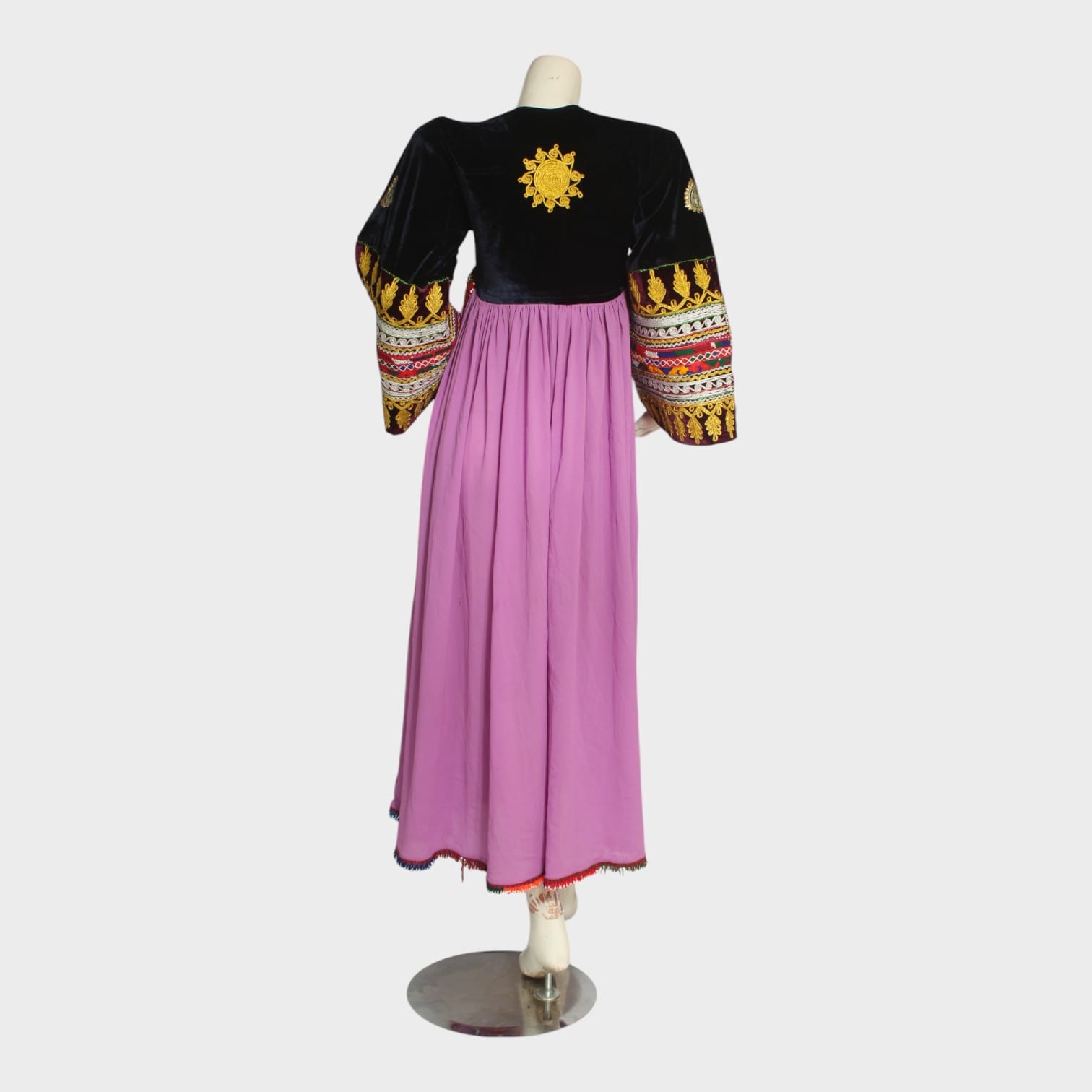 Lavender Traditional Afghani Dress with Embroidered Velvet Bodice