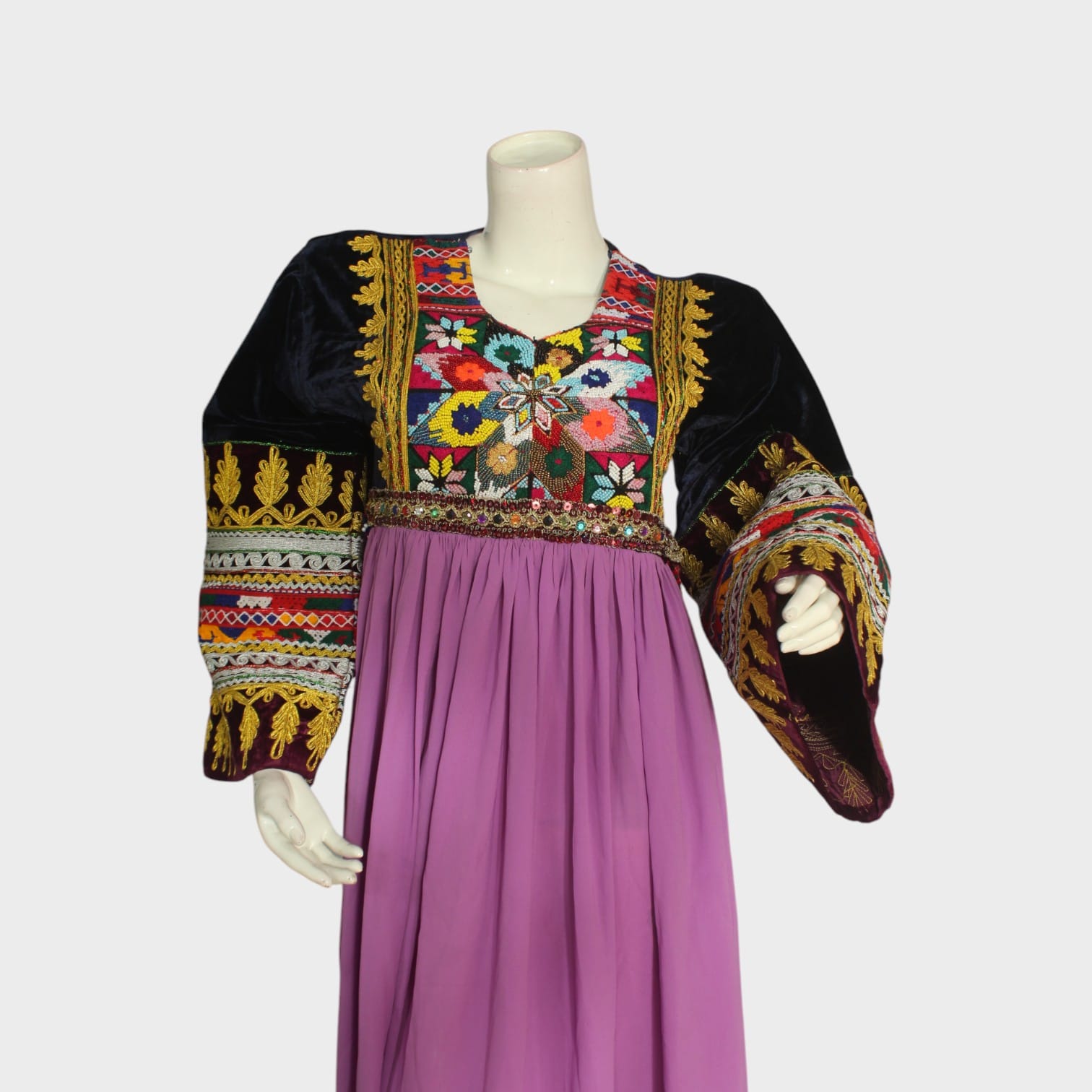 Lavender Traditional Afghani Dress with Embroidered Velvet Bodice