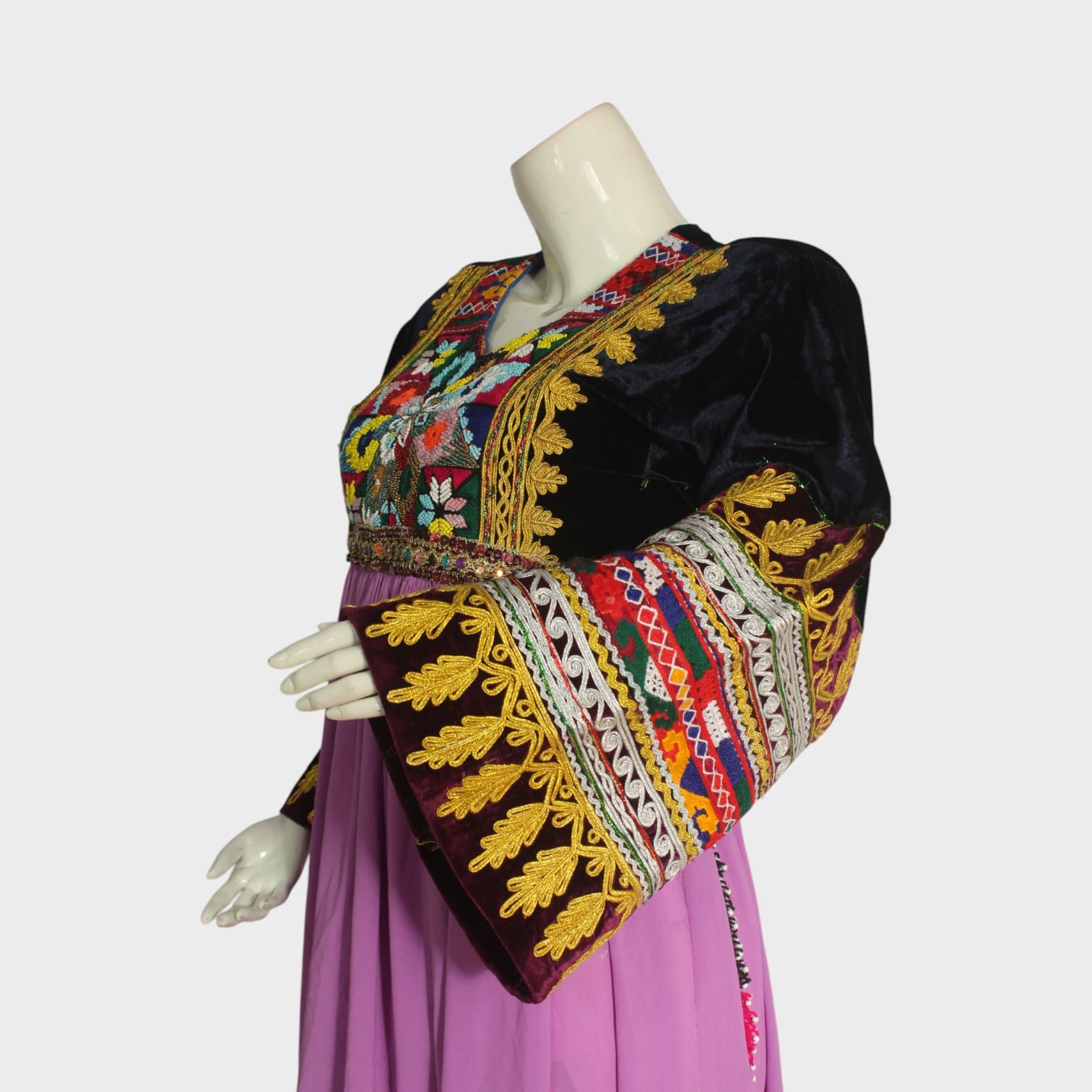 Lavender Traditional Afghani Dress with Embroidered Velvet Bodice