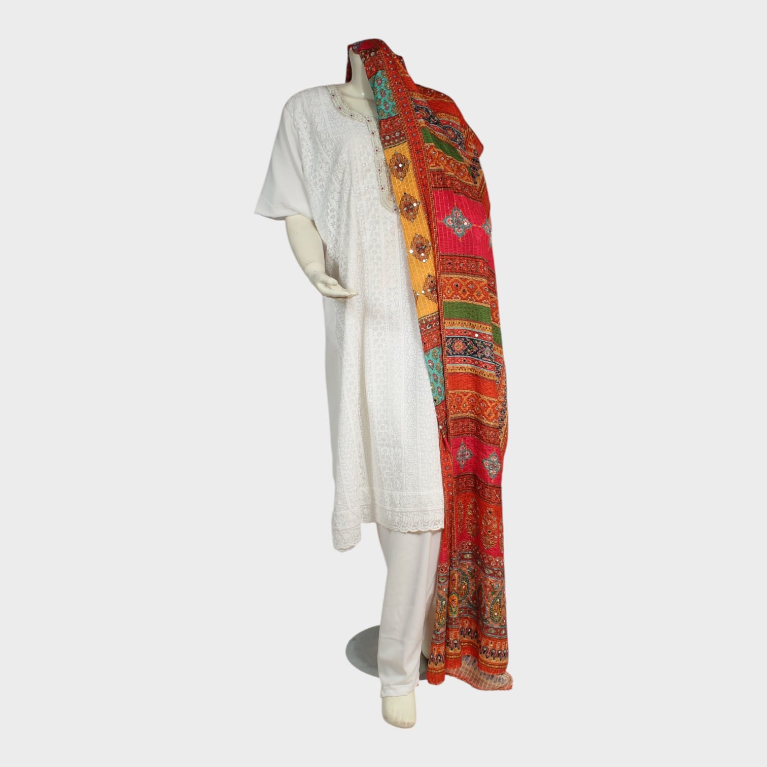 White Embroidered Afghan Kurta Set with Multicolor Traditional Shawl