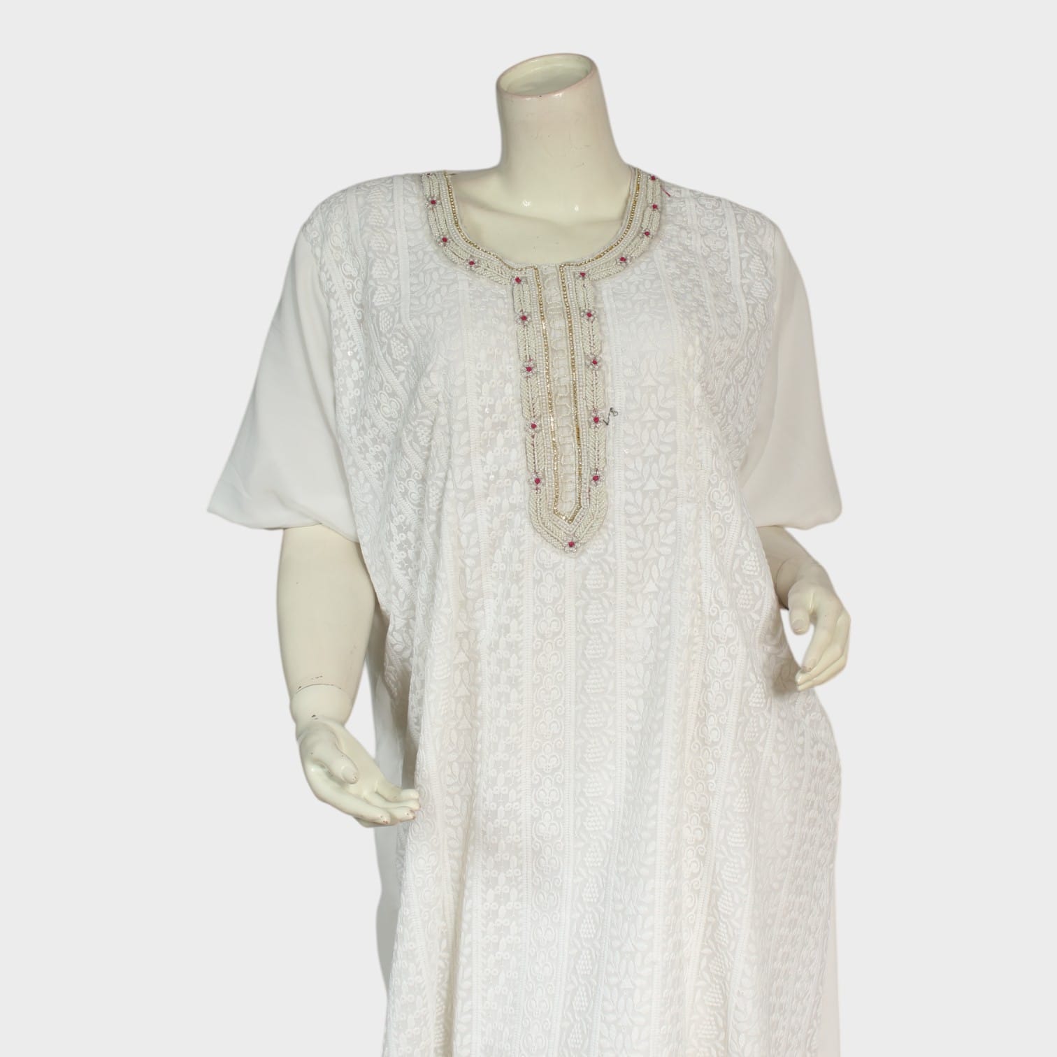 White Embroidered Afghan Kurta Set with Multicolor Traditional Shawl