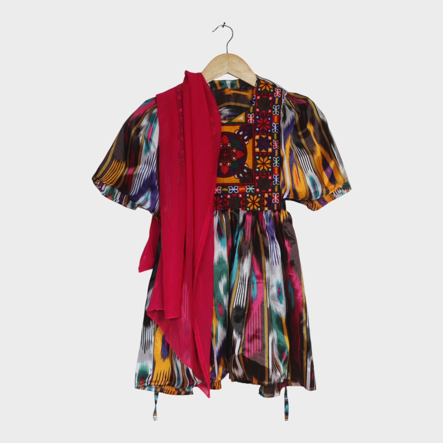 Multicolor Ikat Afghan Dress with Traditional Embroidered Bodice