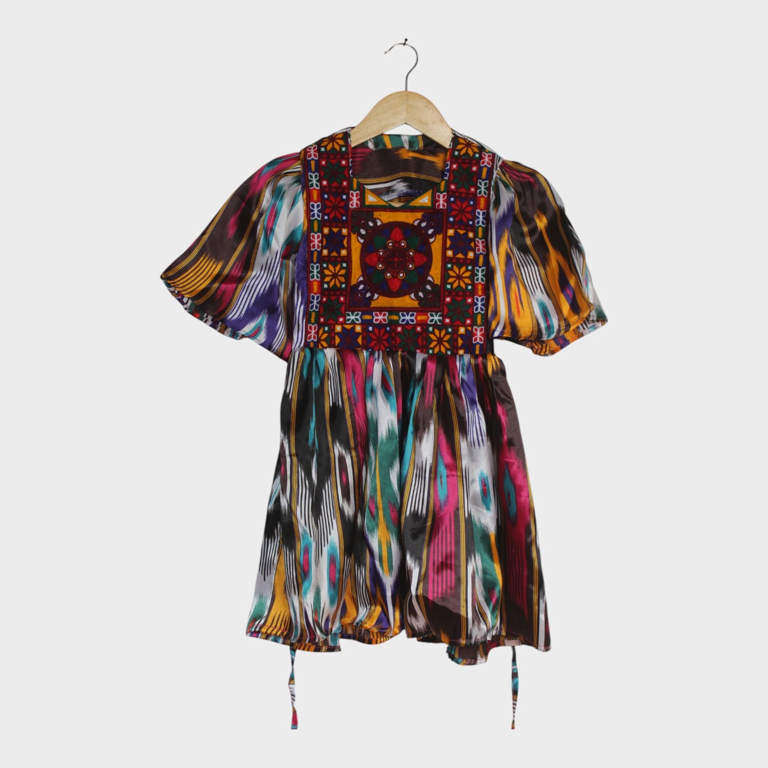 Multicolor Ikat Afghan Dress with Traditional Embroidered Bodice