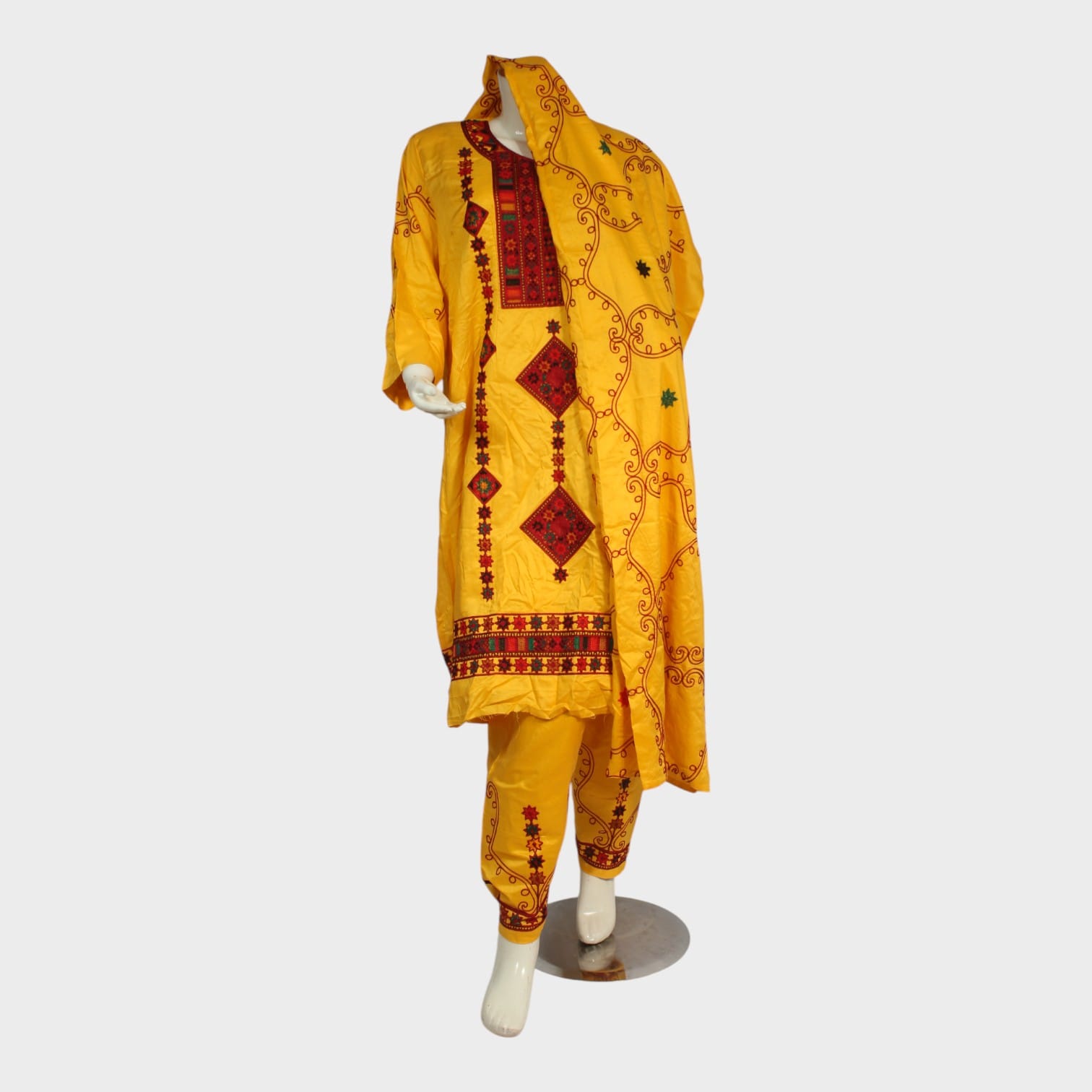 Golden Mustard Embroidered Afghan Kameez Set