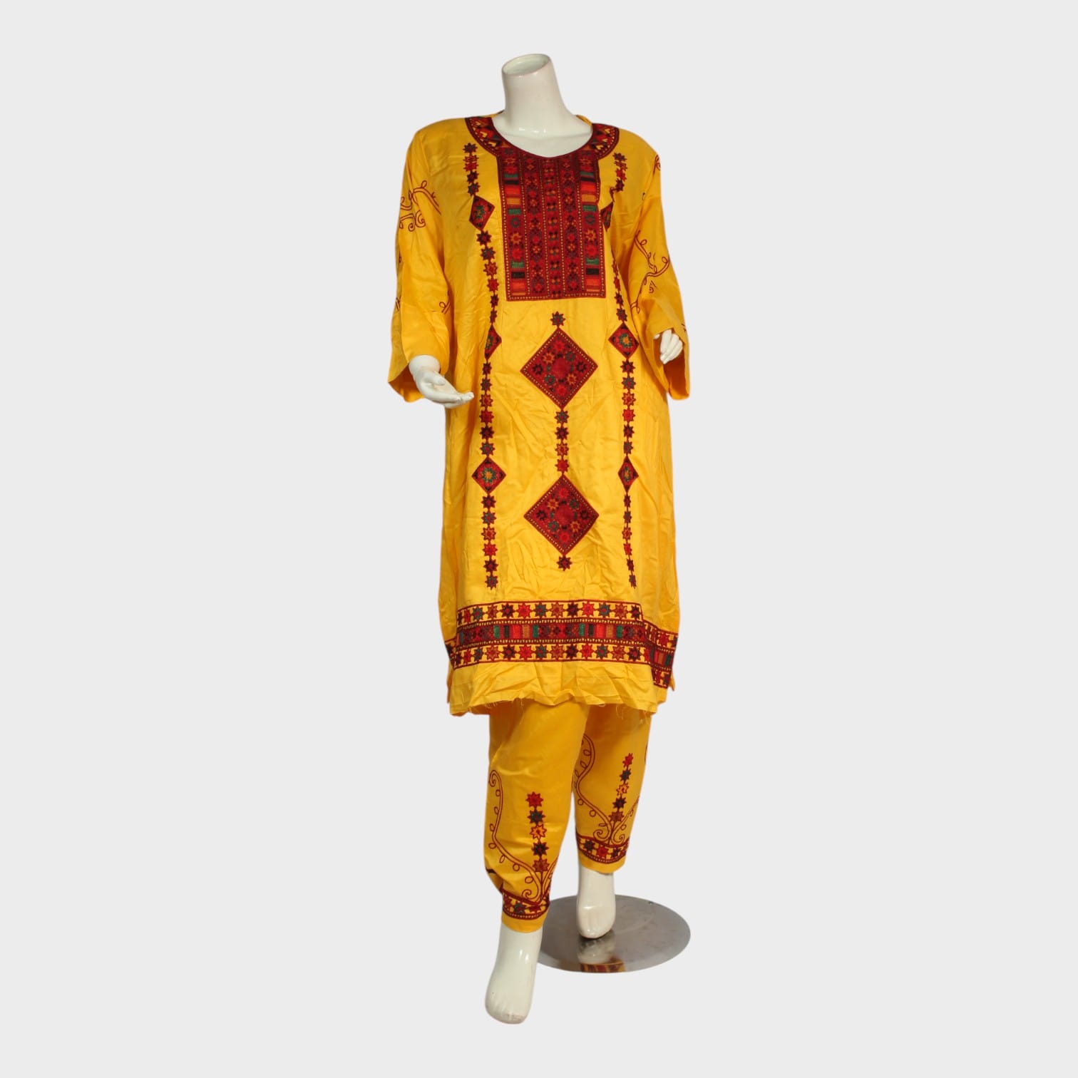Golden Mustard Embroidered Afghan Kameez Set