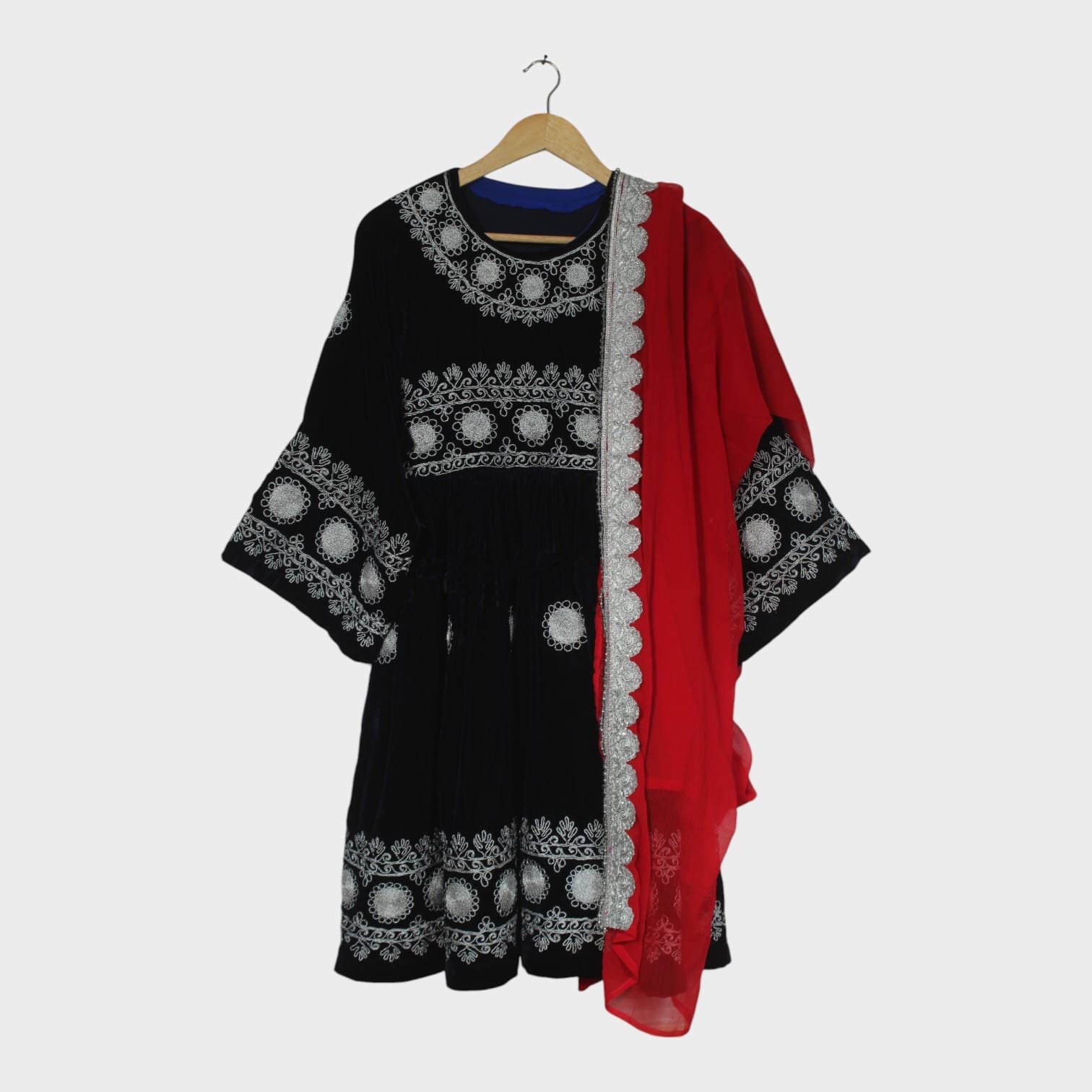 Black Velvet Traditional Dress with Red Dupatta
