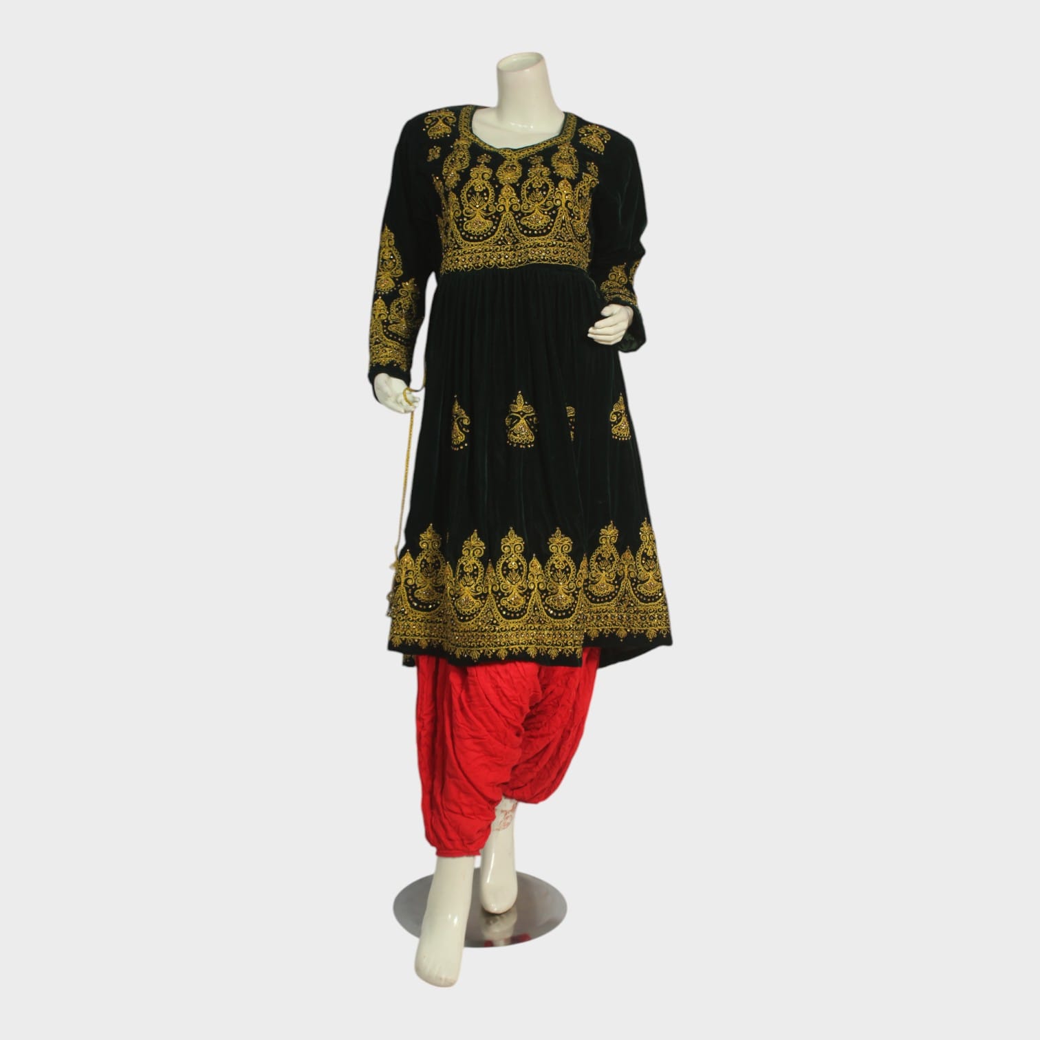 Royal Black Velvet Afghani Dress with Red Dupatta