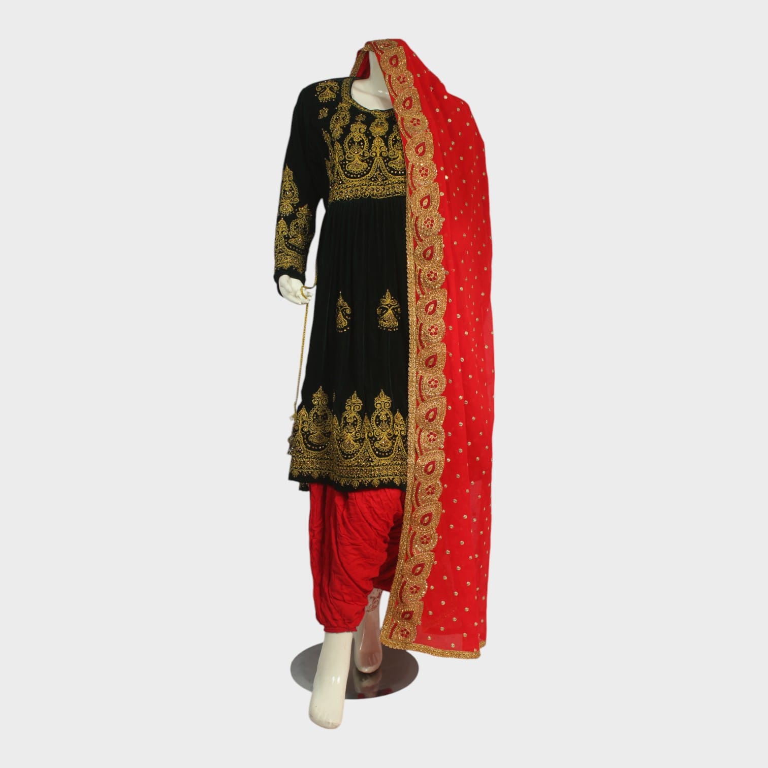 Royal Black Velvet Afghani Dress with Red Dupatta