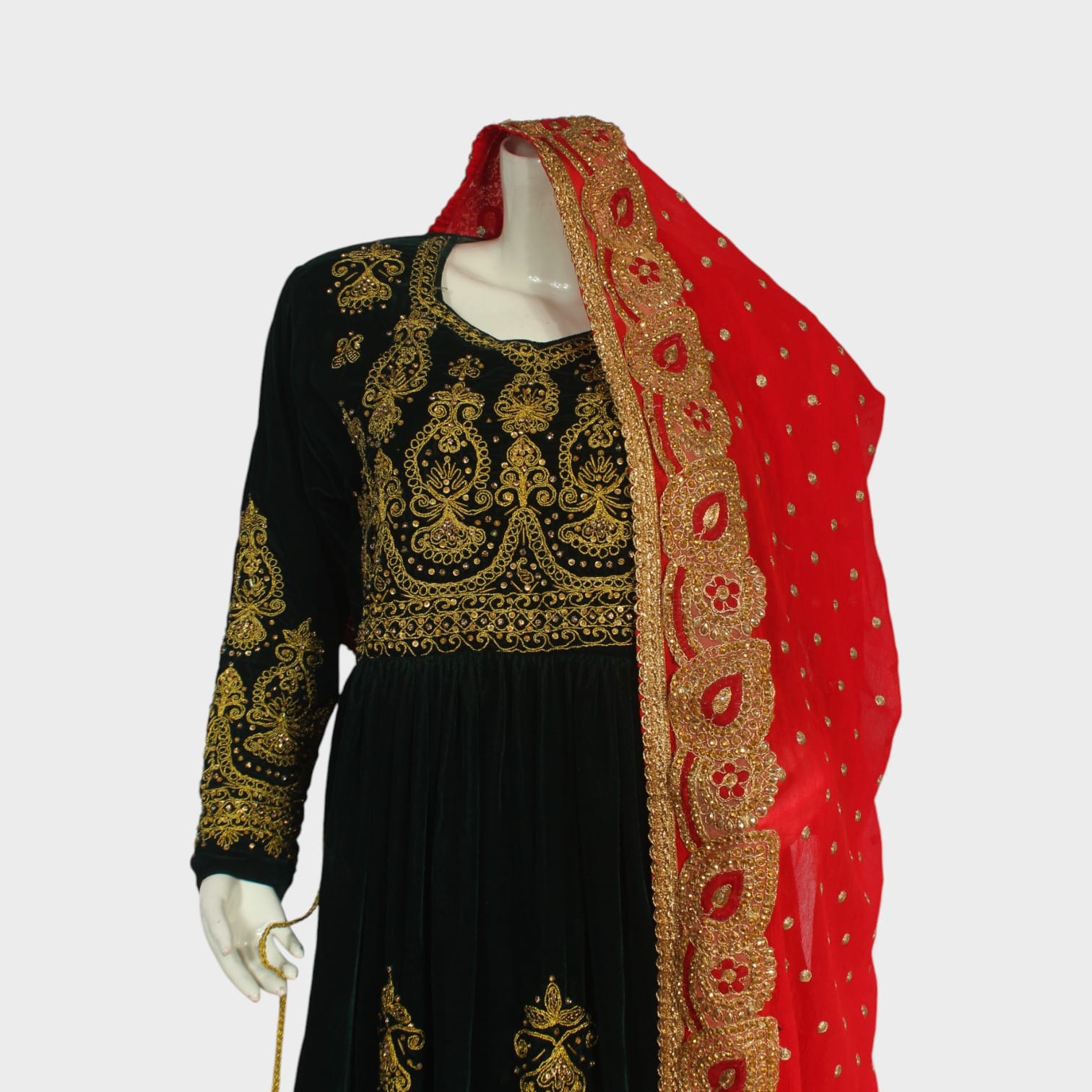 Royal Black Velvet Afghani Dress with Red Dupatta