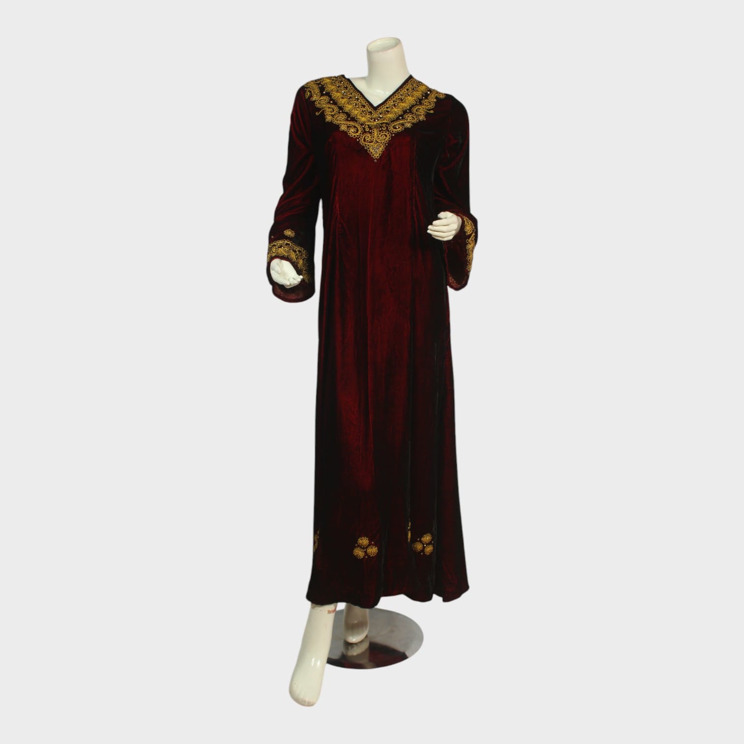 Maroon Velvet Afghani Modern Dress with Golden Embroidery