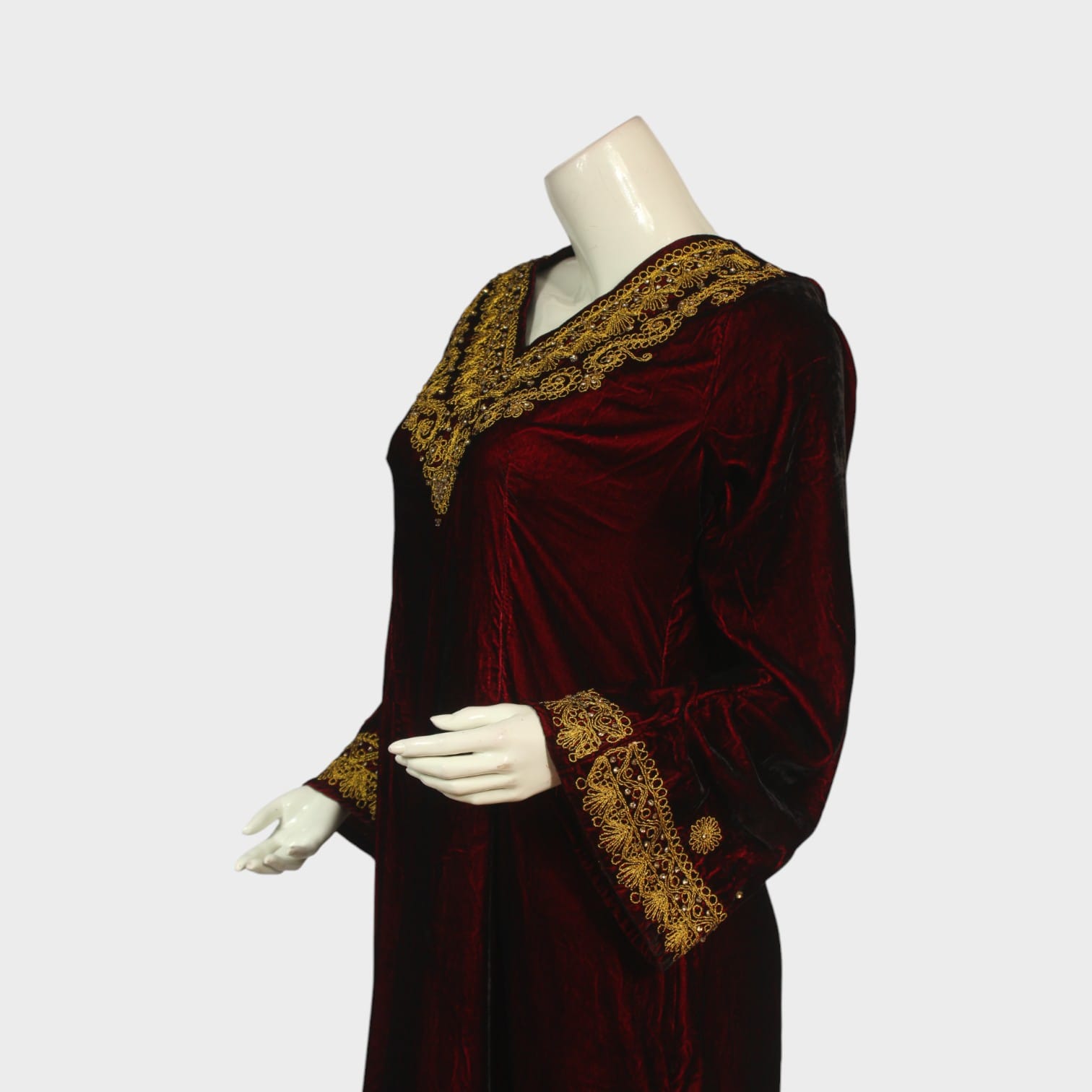 Maroon Velvet Afghani Modern Dress with Golden Embroidery