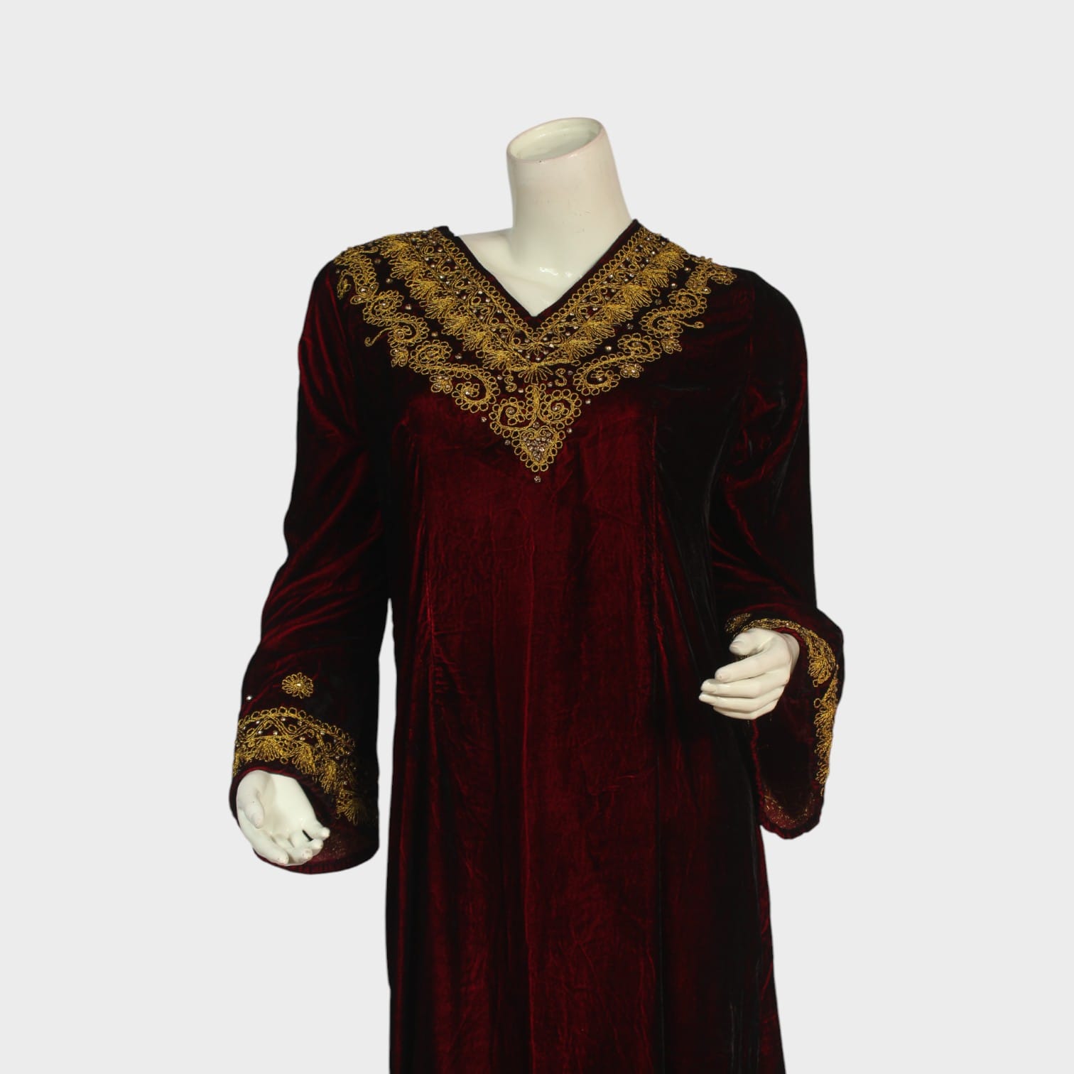Maroon Velvet Afghani Modern Dress with Golden Embroidery
