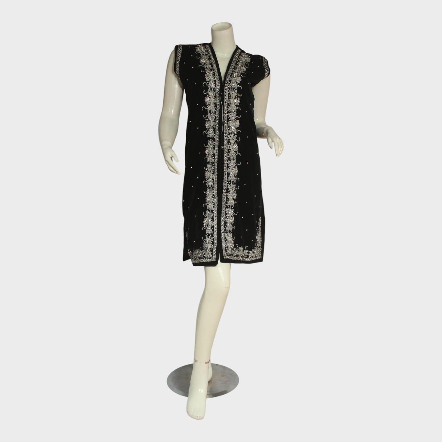 Black Coat Sleeveless Velvet Tunic with Silver Embroidery