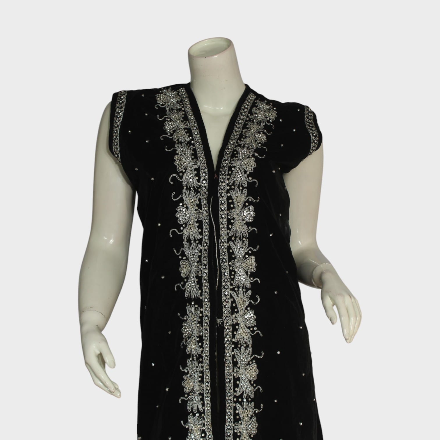 Black Coat Sleeveless Velvet Tunic with Silver Embroidery