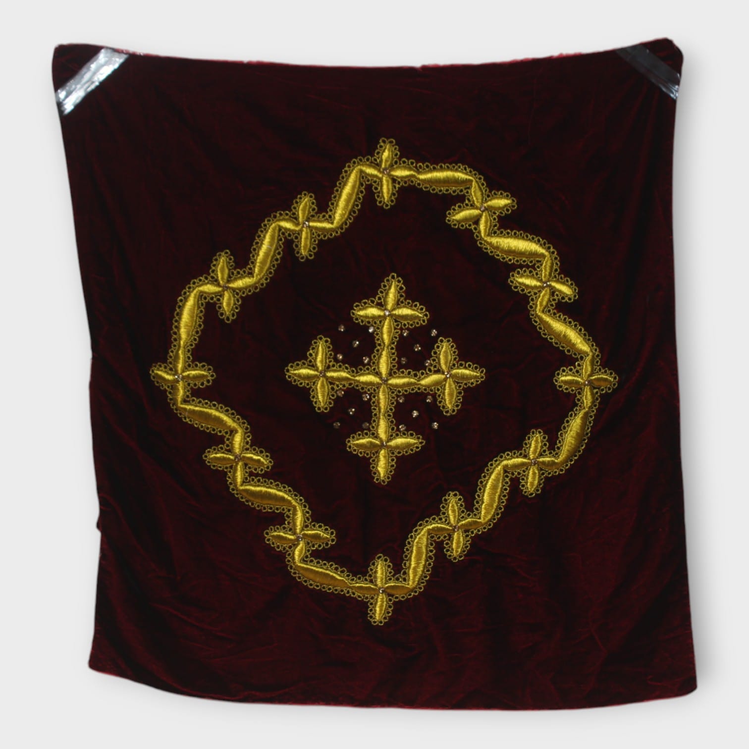 Velvet Pillow Cover Diamond Frame with Cross Motif Embroidery