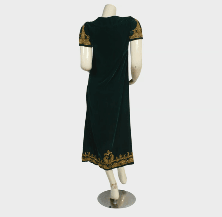 Emerald Green Velvet Dress with Golden Embroidery