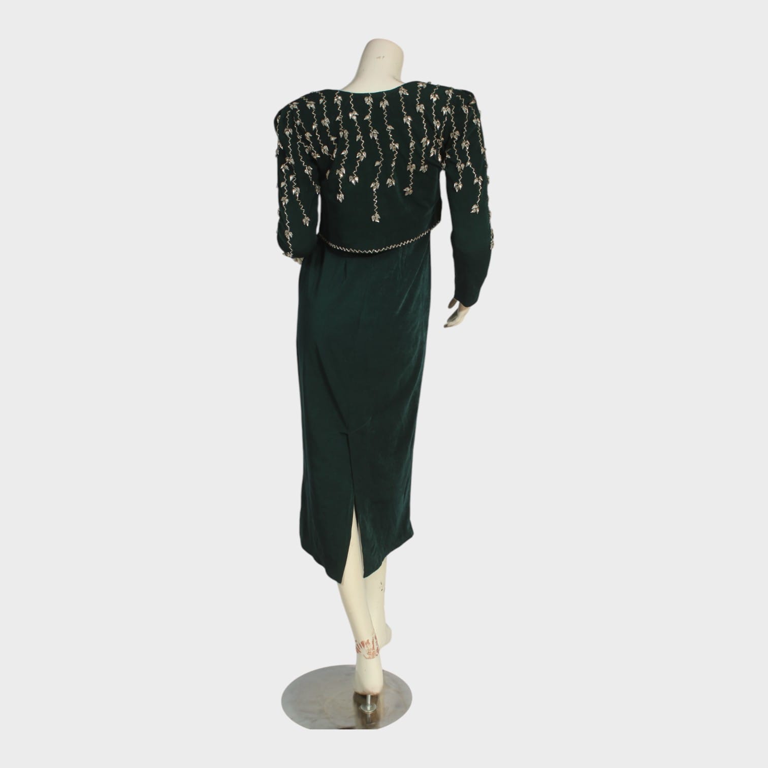 Elegant Green Velvet Long Dress with Embroidered Jacket