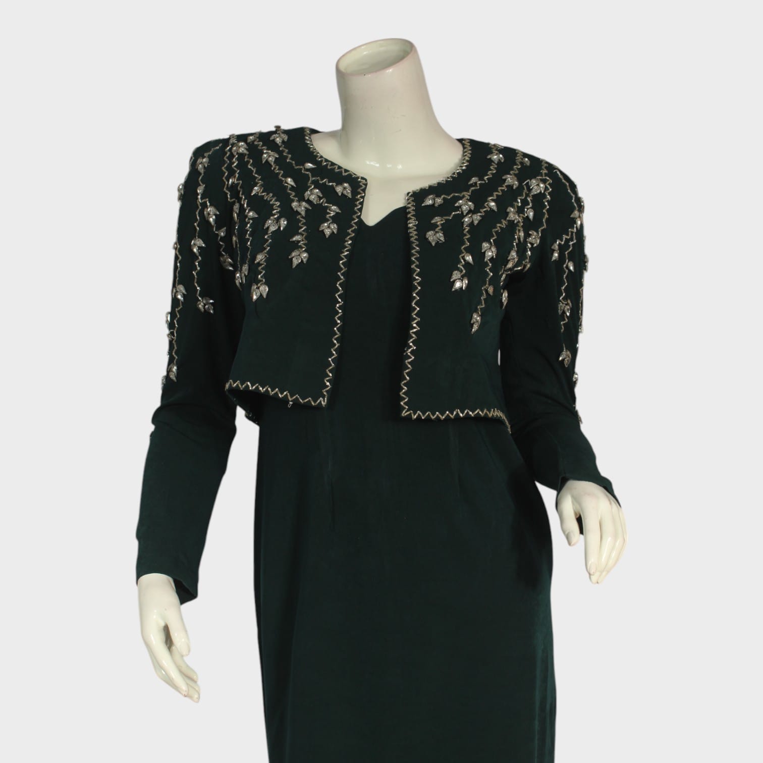 Elegant Green Velvet Long Dress with Embroidered Jacket