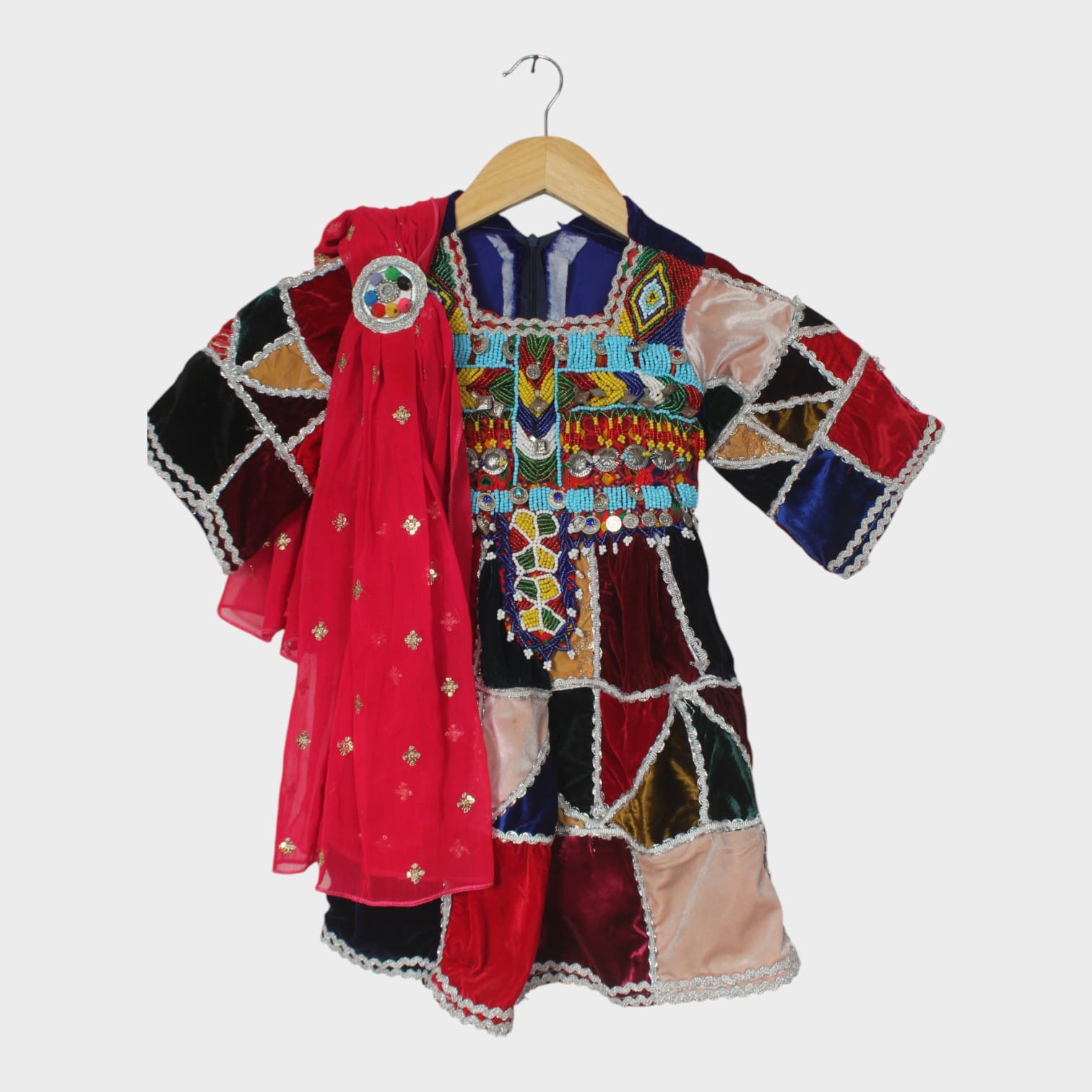 Afghani Patchwork Velvet Dress with Mirror Work and Red Dupatta – Kids