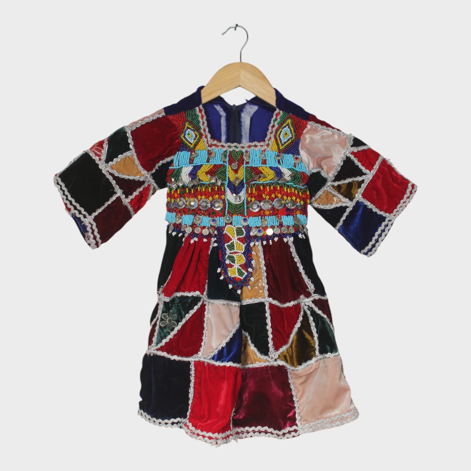Afghani Patchwork Velvet Dress with Mirror Work and Red Dupatta – Kids