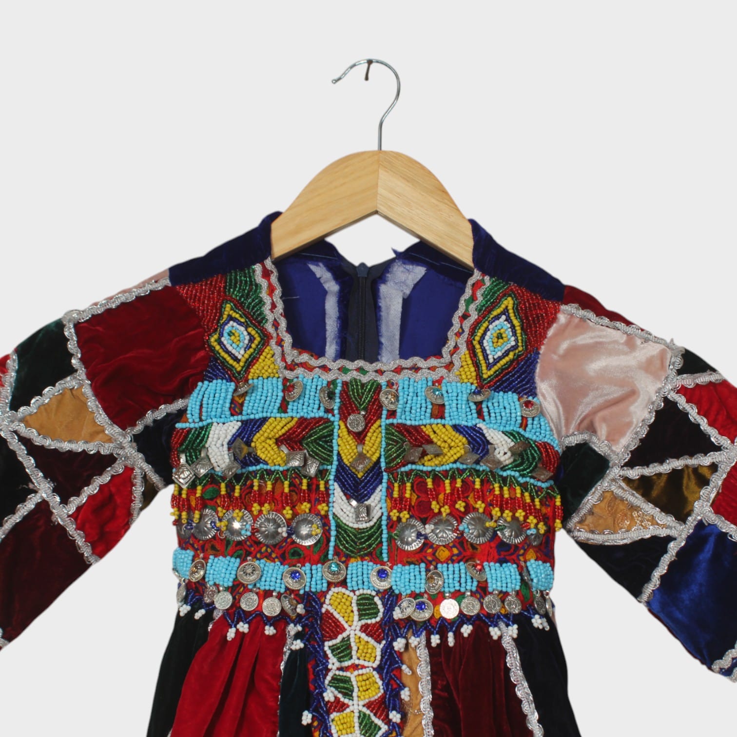 Afghani Patchwork Velvet Dress with Mirror Work and Red Dupatta – Kids
