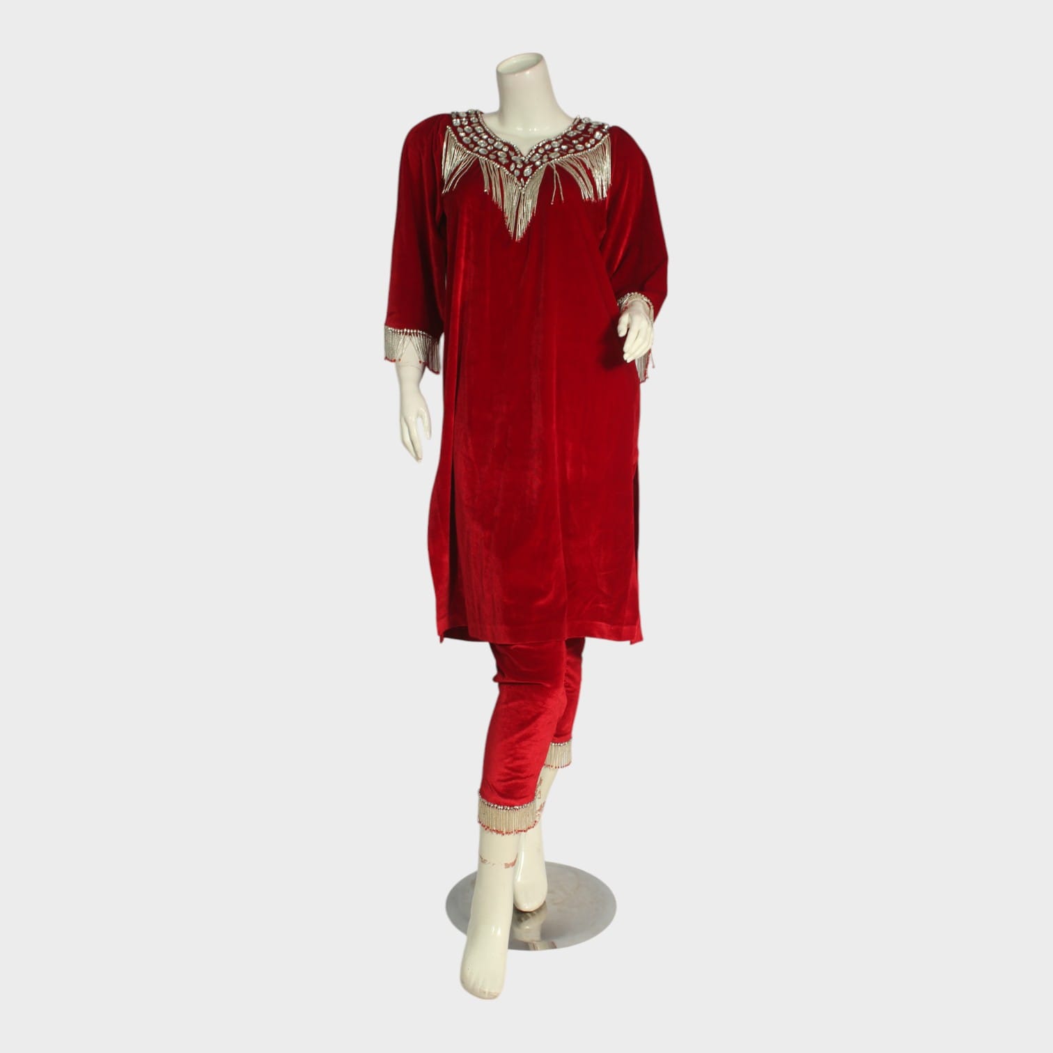 Red Afghani Velvet Kameez Set with Silver Beadwork
