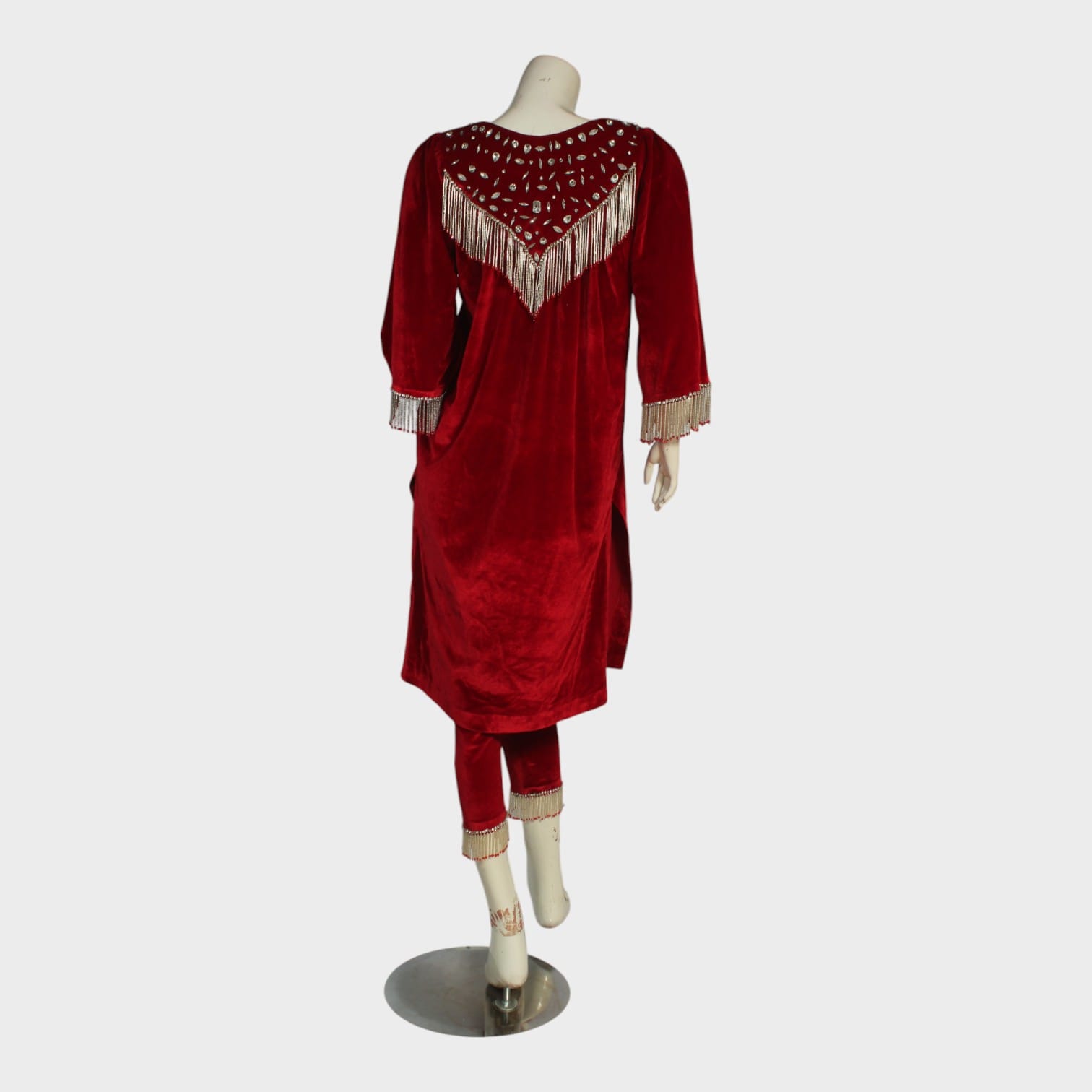 Red Afghani Velvet Kameez Set with Silver Beadwork